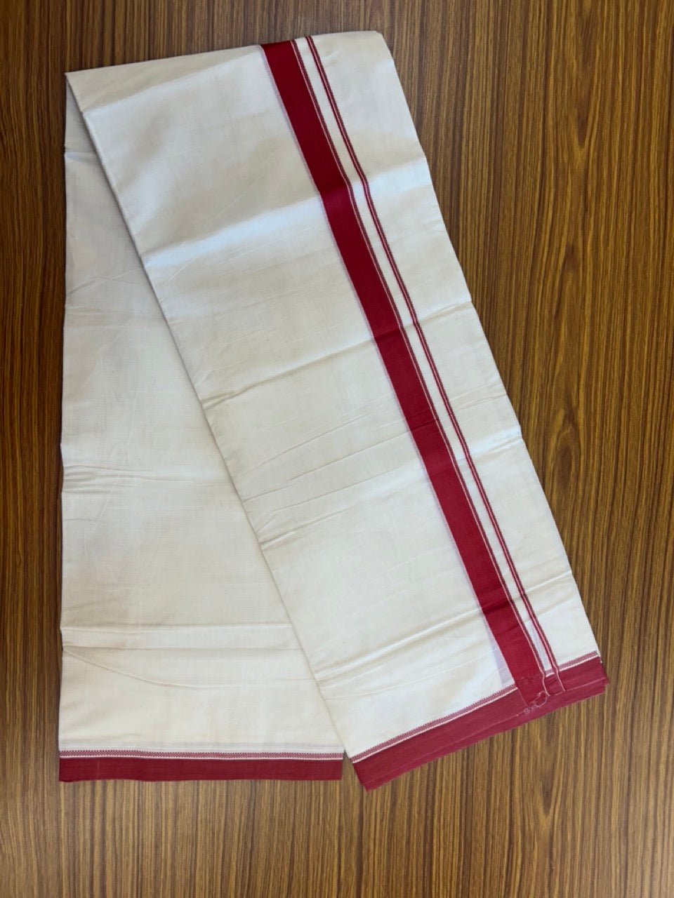 20% Discount ! KaithariKada Balaramapuram 100% Cotton Off White (Unbleached) Double Mundu/Dhoti - 80s - 1 inch Red Design kara 4 mtr (8.5 muzham) - 25 KK5302 MUT