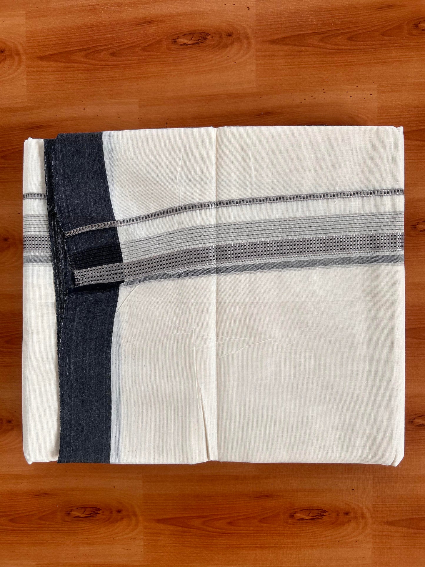 Double Off White  Mundu/Dhoti- 20% Discount! KaithariKada Balaramapuram Pure Cotton - 100x100 - 1.25 inch Silver Kasav & Ash Grey & Black Design Striped Kara - 4mtr (8.5muzham) - 8 KK5428 VAS