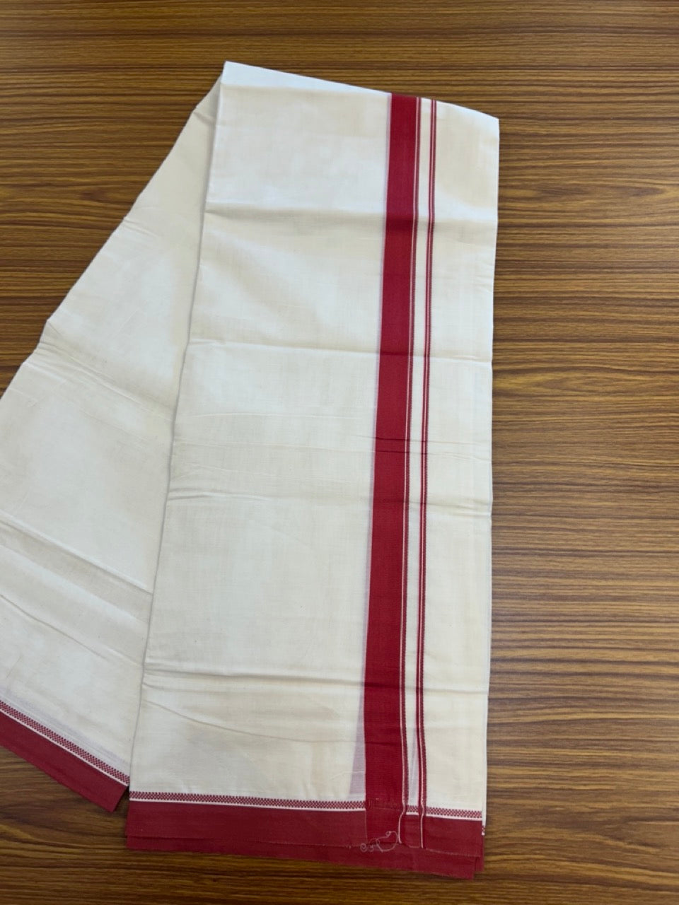 20% Discount ! KaithariKada Balaramapuram 100% Cotton Off White (Unbleached) Double Mundu/Dhoti - 80s - 1 inch Red Design kara 4 mtr (8.5 muzham) - 25 KK5302 MUT