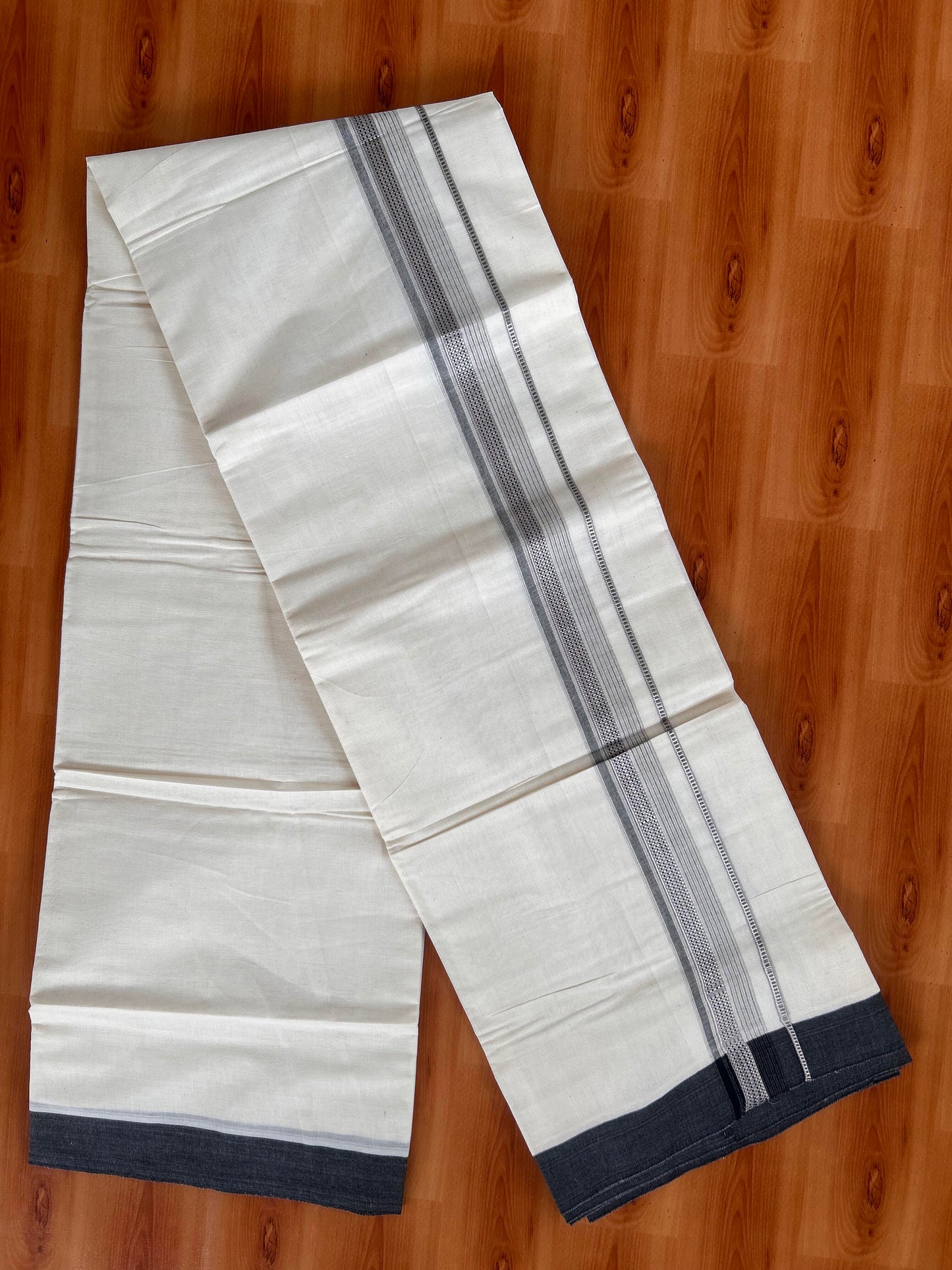 Double Off White  Mundu/Dhoti- 20% Discount! KaithariKada Balaramapuram Pure Cotton - 100x100 - 1.25 inch Silver Kasav & Ash Grey & Black Design Striped Kara - 4mtr (8.5muzham) - 8 KK5428 VAS