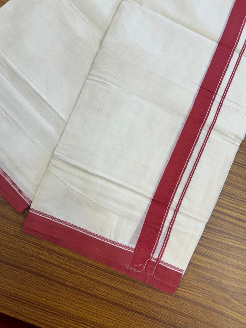 20% Discount ! KaithariKada Balaramapuram 100% Cotton Off White (Unbleached) Double Mundu/Dhoti - 80s - 1 inch Red Design kara 4 mtr (8.5 muzham) - 25 KK5302 MUT