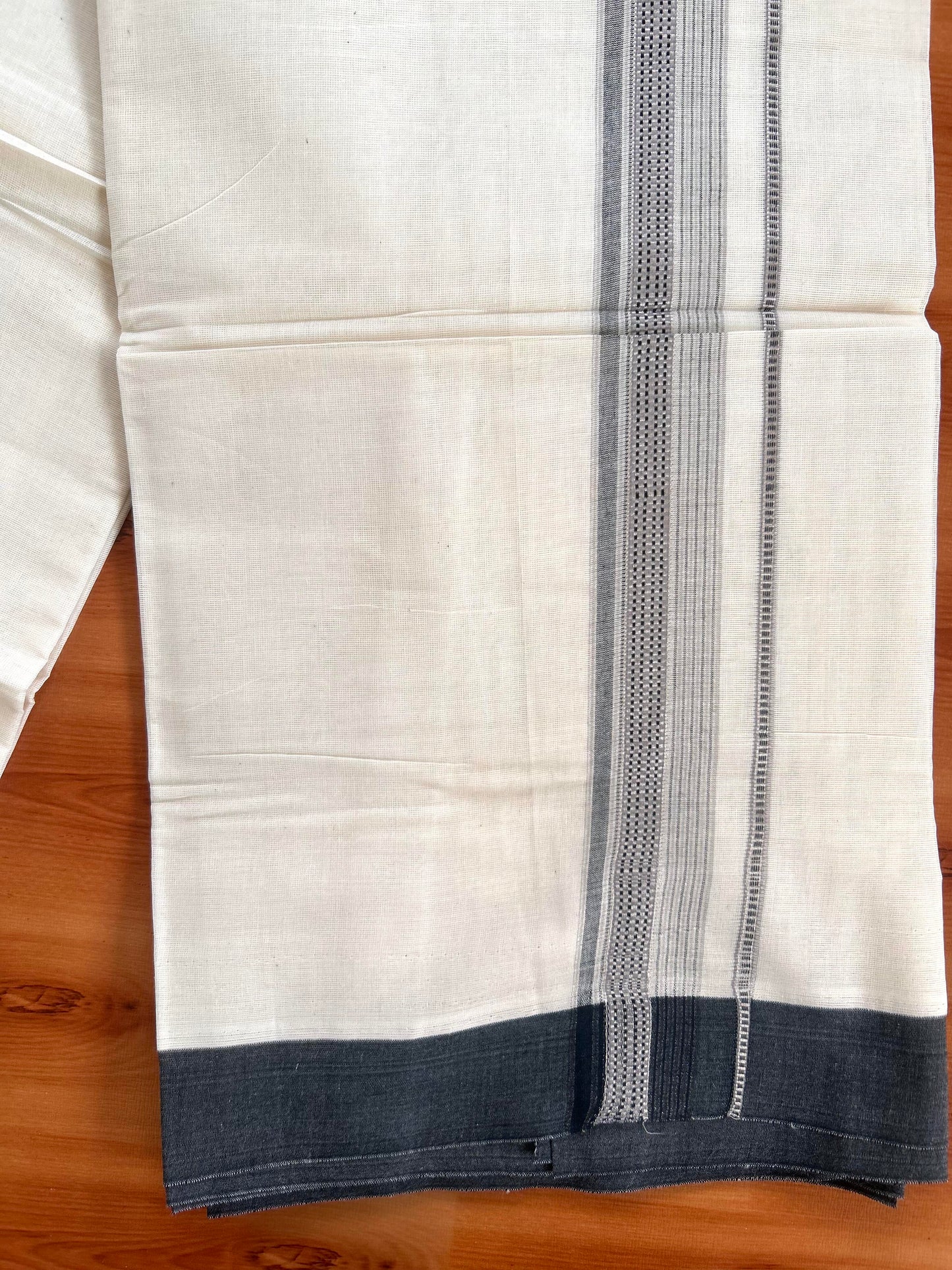 Double Off White  Mundu/Dhoti- 20% Discount! KaithariKada Balaramapuram Pure Cotton - 100x100 - 1.25 inch Silver Kasav & Ash Grey & Black Design Striped Kara - 4mtr (8.5muzham) - 8 KK5428 VAS