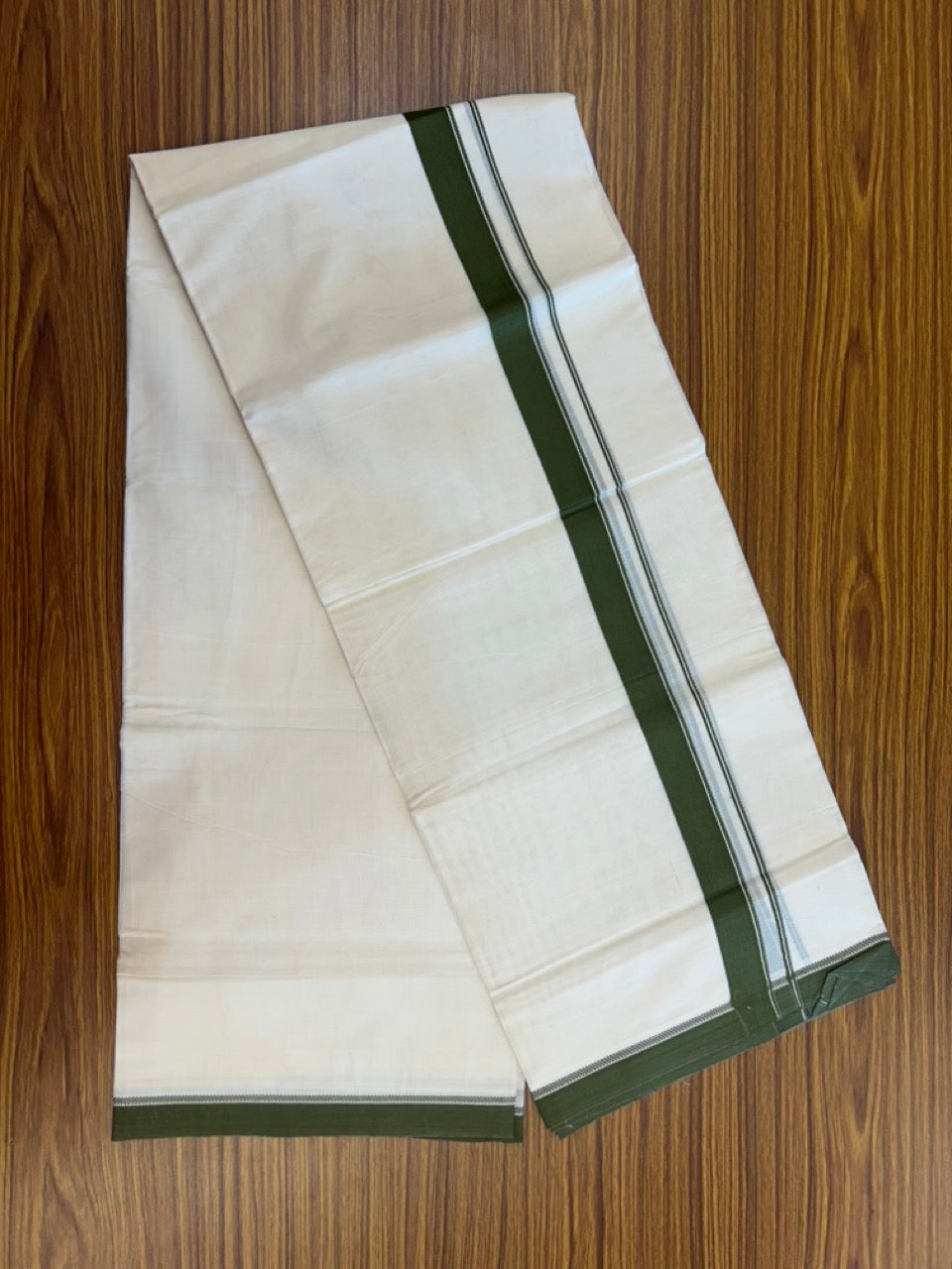 20% Discount ! KaithariKada Balaramapuram 100% Cotton Off White (Unbleached) Double Mundu/Dhoti - 80s - 1.25 inch Olive Green Design kara 4 mtr (8.5 muzham) - 26 KK5302 MUT