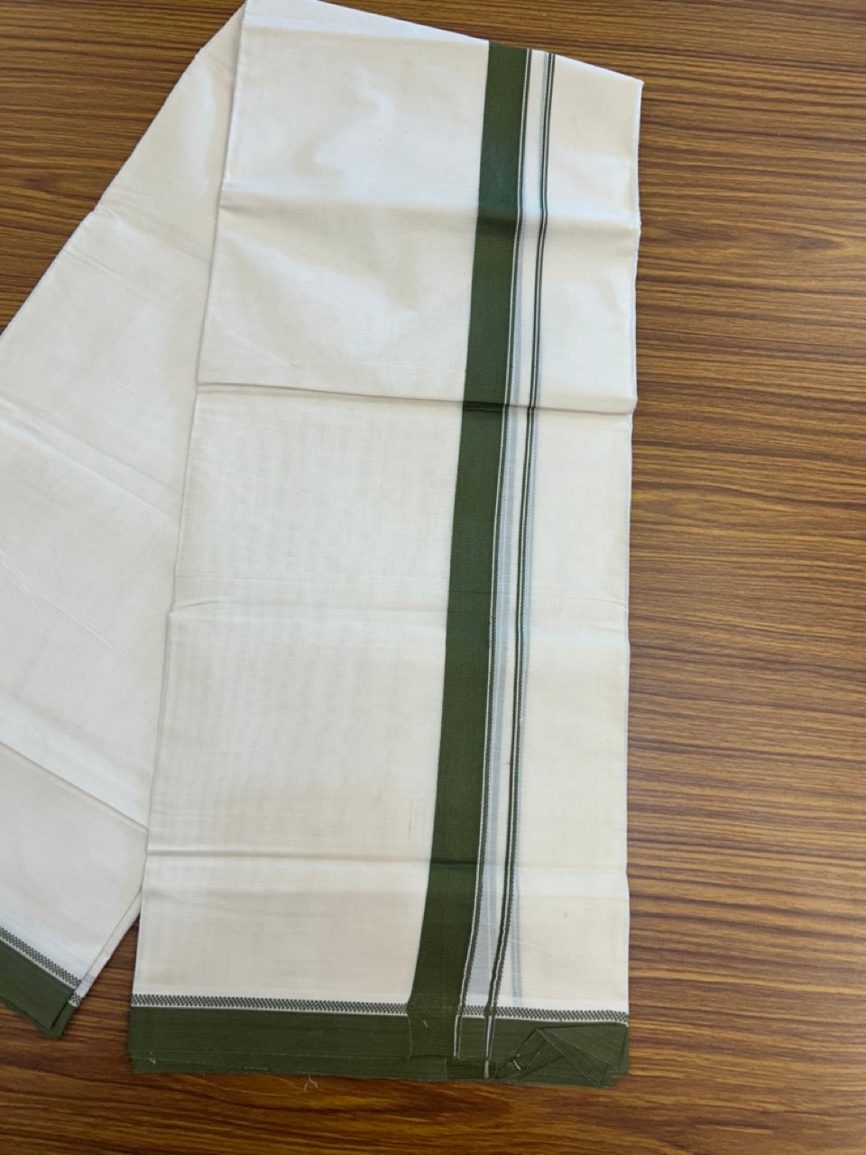 20% Discount ! KaithariKada Balaramapuram 100% Cotton Off White (Unbleached) Double Mundu/Dhoti - 80s - 1.25 inch Olive Green Design kara 4 mtr (8.5 muzham) - 26 KK5302 MUT