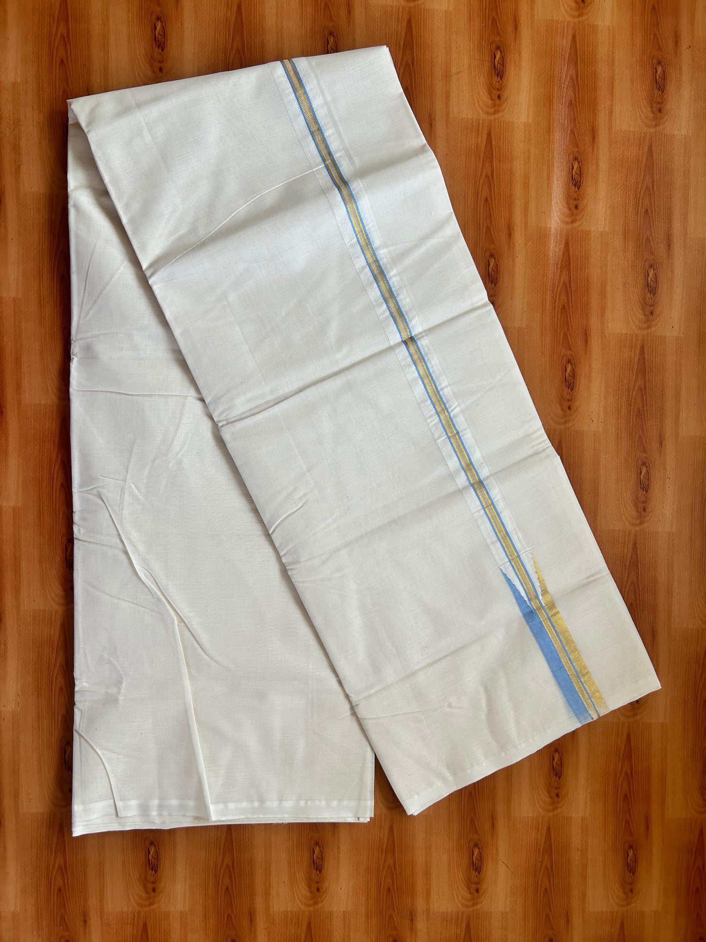 Mundu / Dhoti Off white Double - 20% Discount! KaithariKada 100% Cotton (Unbleached) Kerala - 100x100 - 1 inch Puliyilakkara Gold Kasav & Blue Chutty Kara - 20 KK5477 ASH