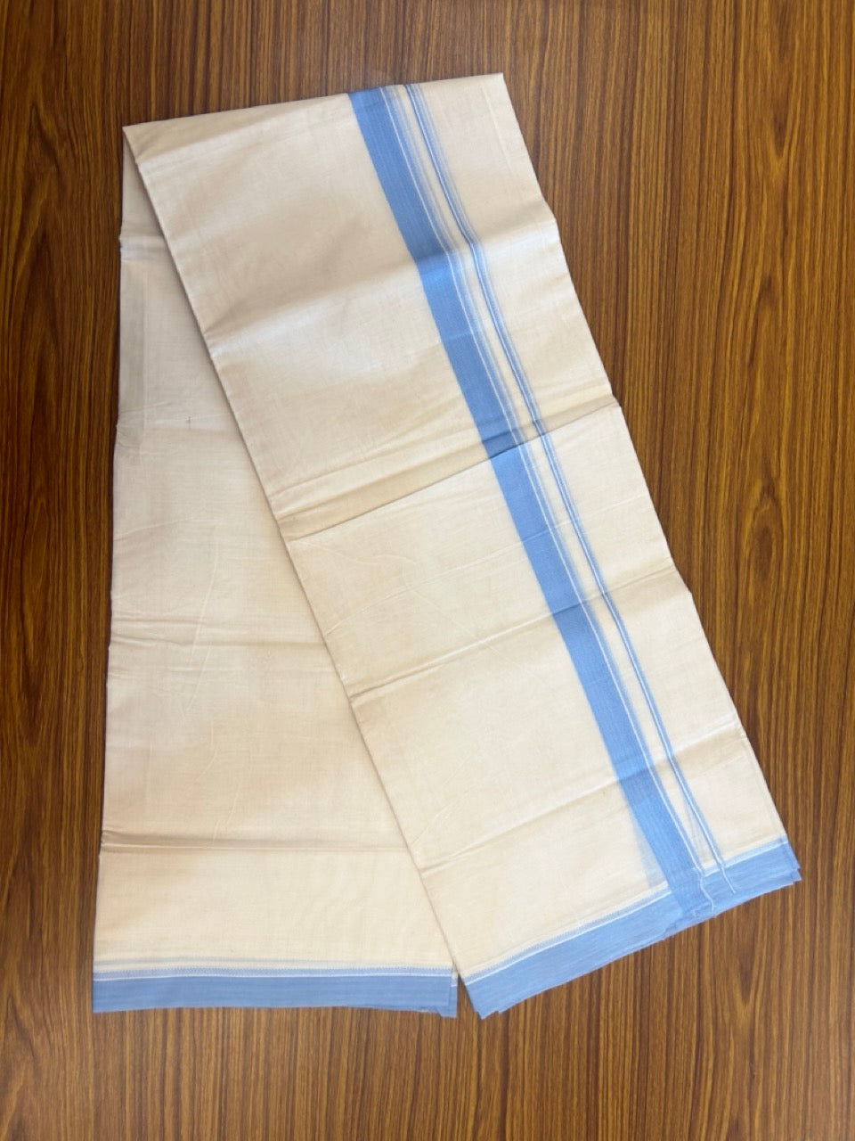 20% Discount ! KaithariKada Balaramapuram 100% Cotton Off White (Unbleached) Double Mundu/Dhoti - 80s - 1 inch Light Blue Design kara 4 mtr (8.5 muzham) - 28 KK5302 MUT