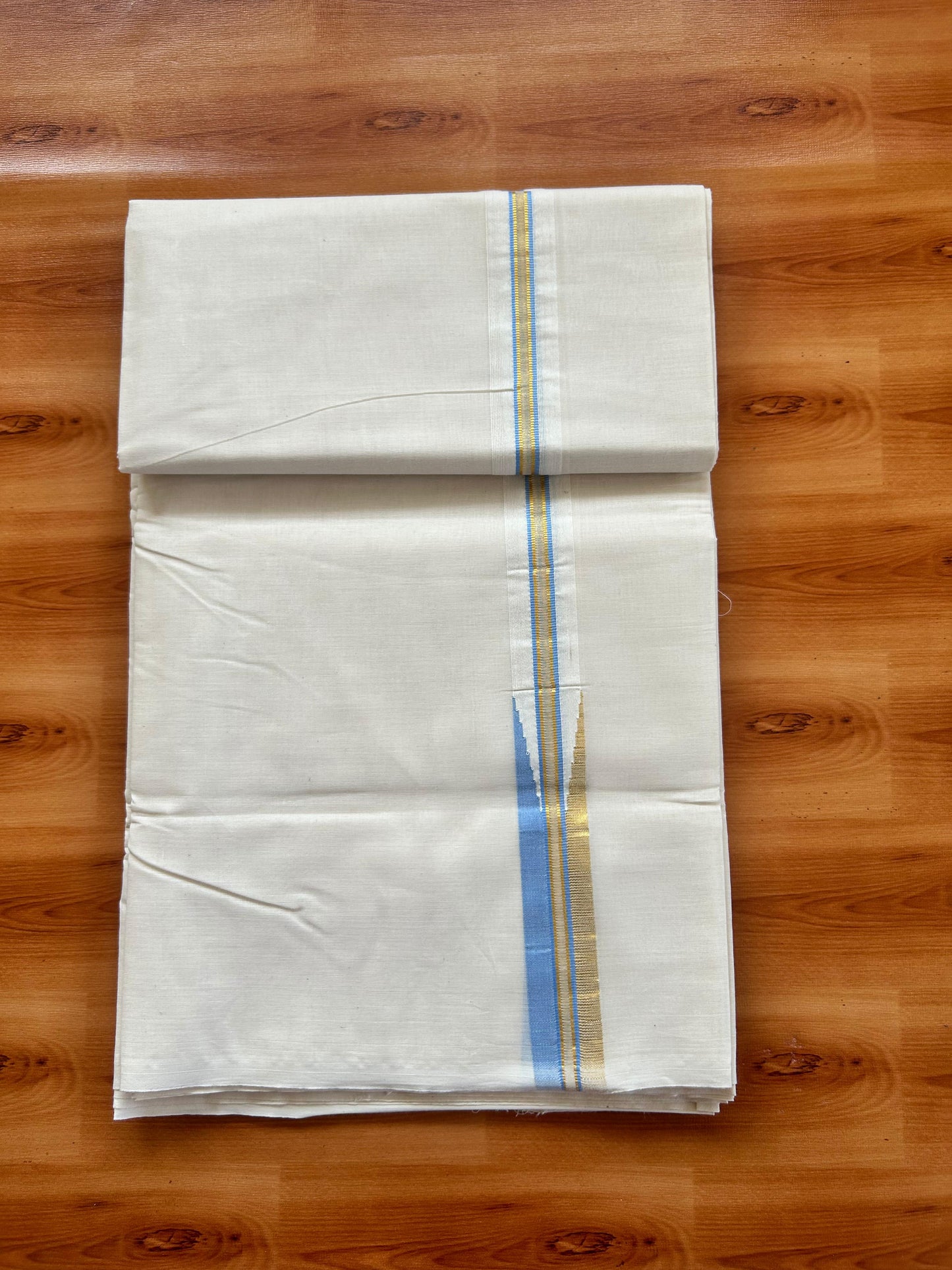 Mundu / Dhoti Off white Double - 20% Discount! KaithariKada 100% Cotton (Unbleached) Kerala - 100x100 - 1 inch Puliyilakkara Gold Kasav & Blue Chutty Kara - 20 KK5477 ASH