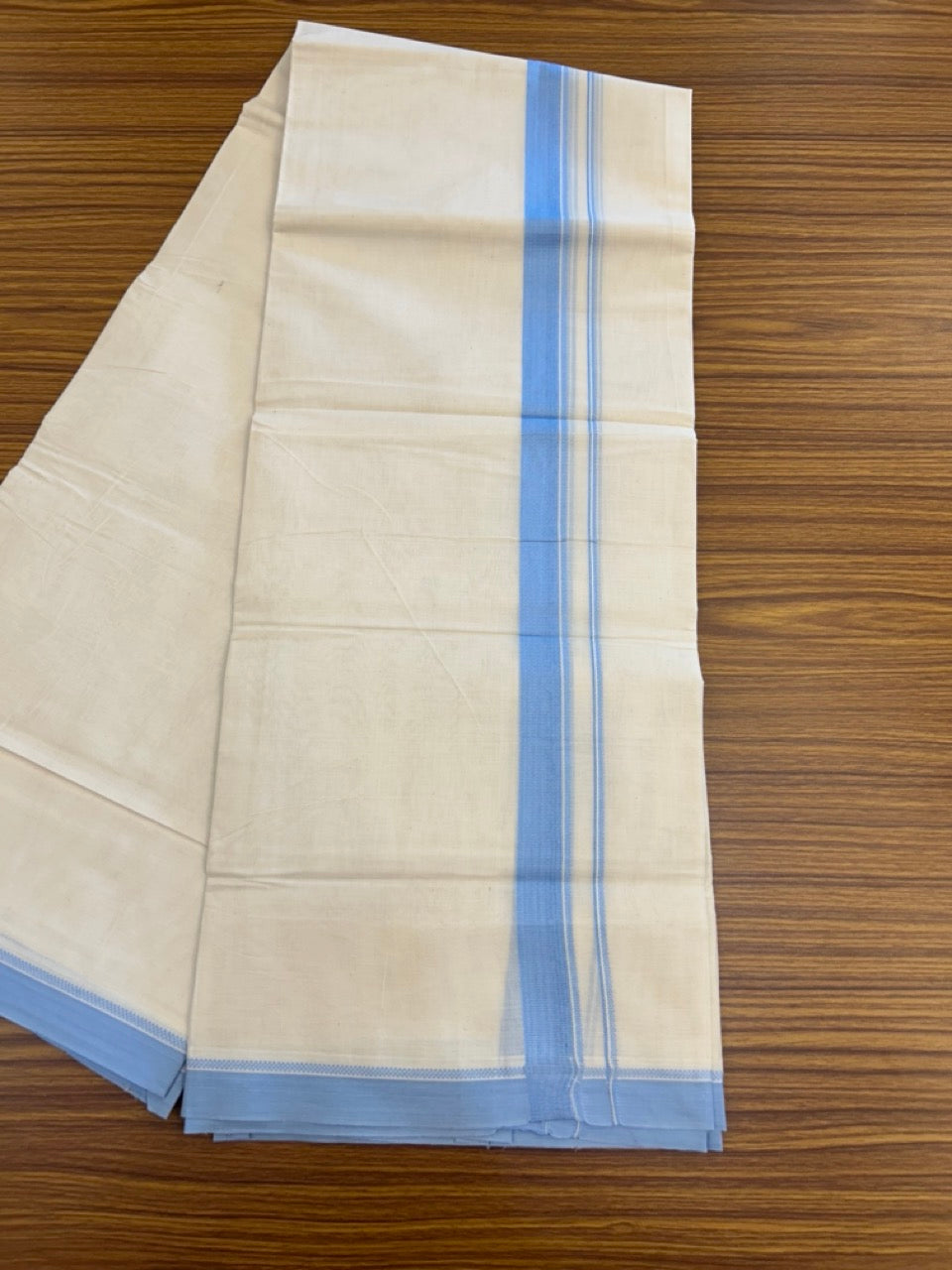 20% Discount ! KaithariKada Balaramapuram 100% Cotton Off White (Unbleached) Double Mundu/Dhoti - 80s - 1 inch Light Blue Design kara 4 mtr (8.5 muzham) - 28 KK5302 MUT