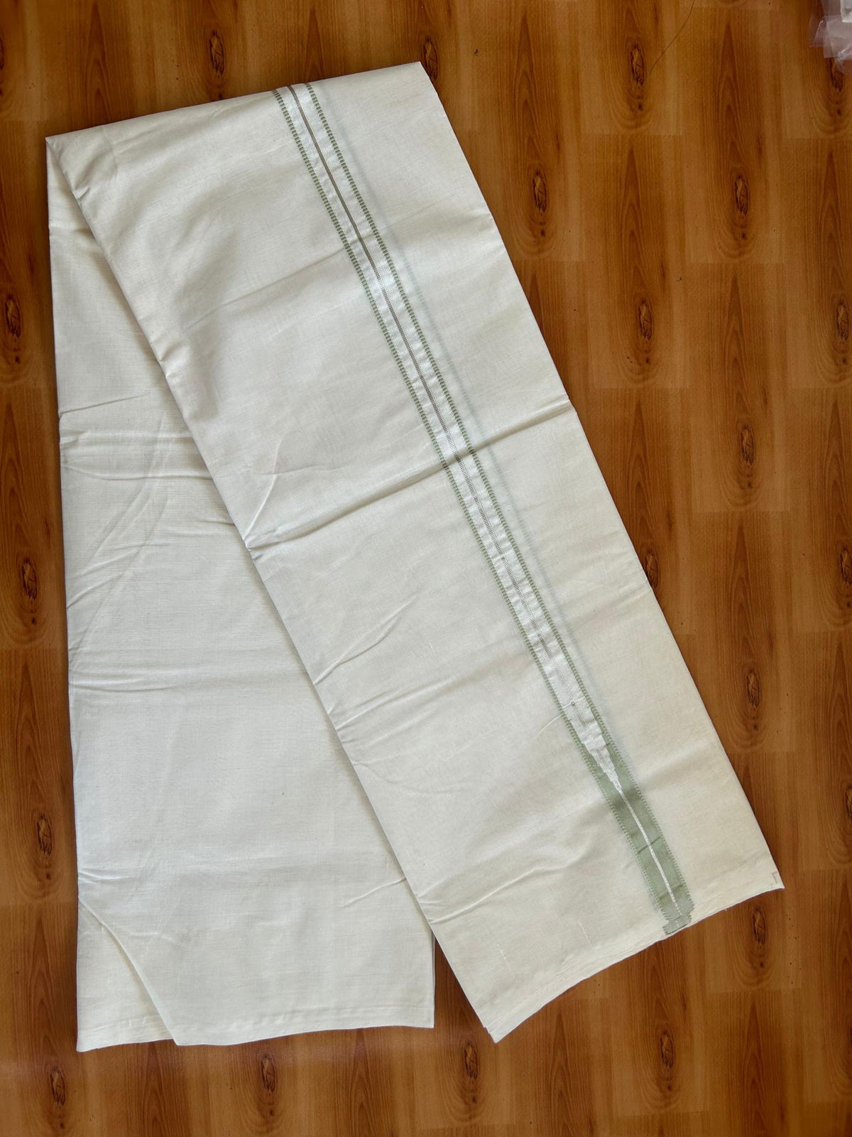 Double Off White (Unbleached) Mundu/Dhoti - 20% Discount!! KaithariKada Pulimood 100% Cotton 100X100 - 1 Inch Puliyilakkara Silver Kasav & Light Green Striped Chutty Kara - 3.75 mtr (8 muzham) - 16 KK5545 ASH