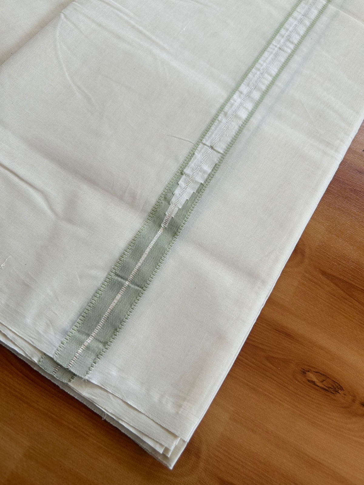 Double Off White (Unbleached) Mundu/Dhoti - 20% Discount!! KaithariKada Pulimood 100% Cotton 100X100 - 1 Inch Puliyilakkara Silver Kasav & Light Green Striped Chutty Kara - 3.75 mtr (8 muzham) - 16 KK5545 ASH