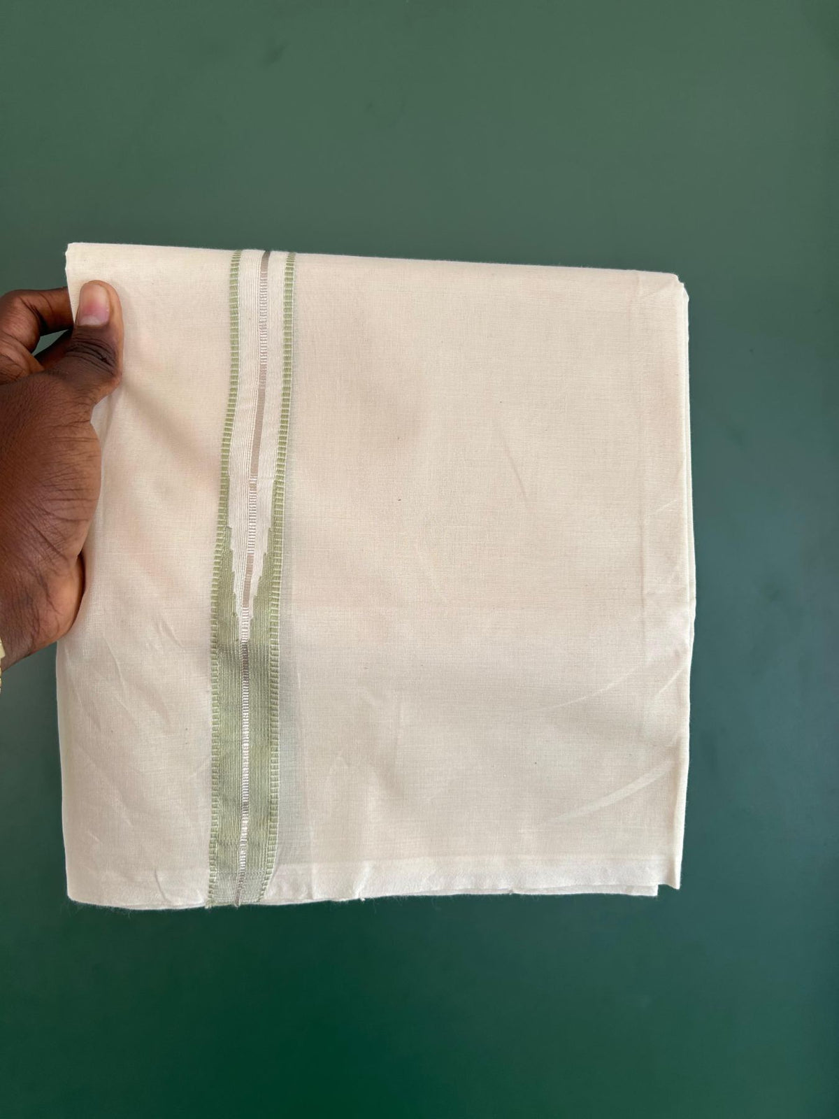Double Off White (Unbleached) Mundu/Dhoti - 20% Discount!! KaithariKada Pulimood 100% Cotton 100X100 - 1 Inch Puliyilakkara Silver Kasav & Light Green Striped Chutty Kara - 3.75 mtr (8 muzham) - 16 KK5545 ASH