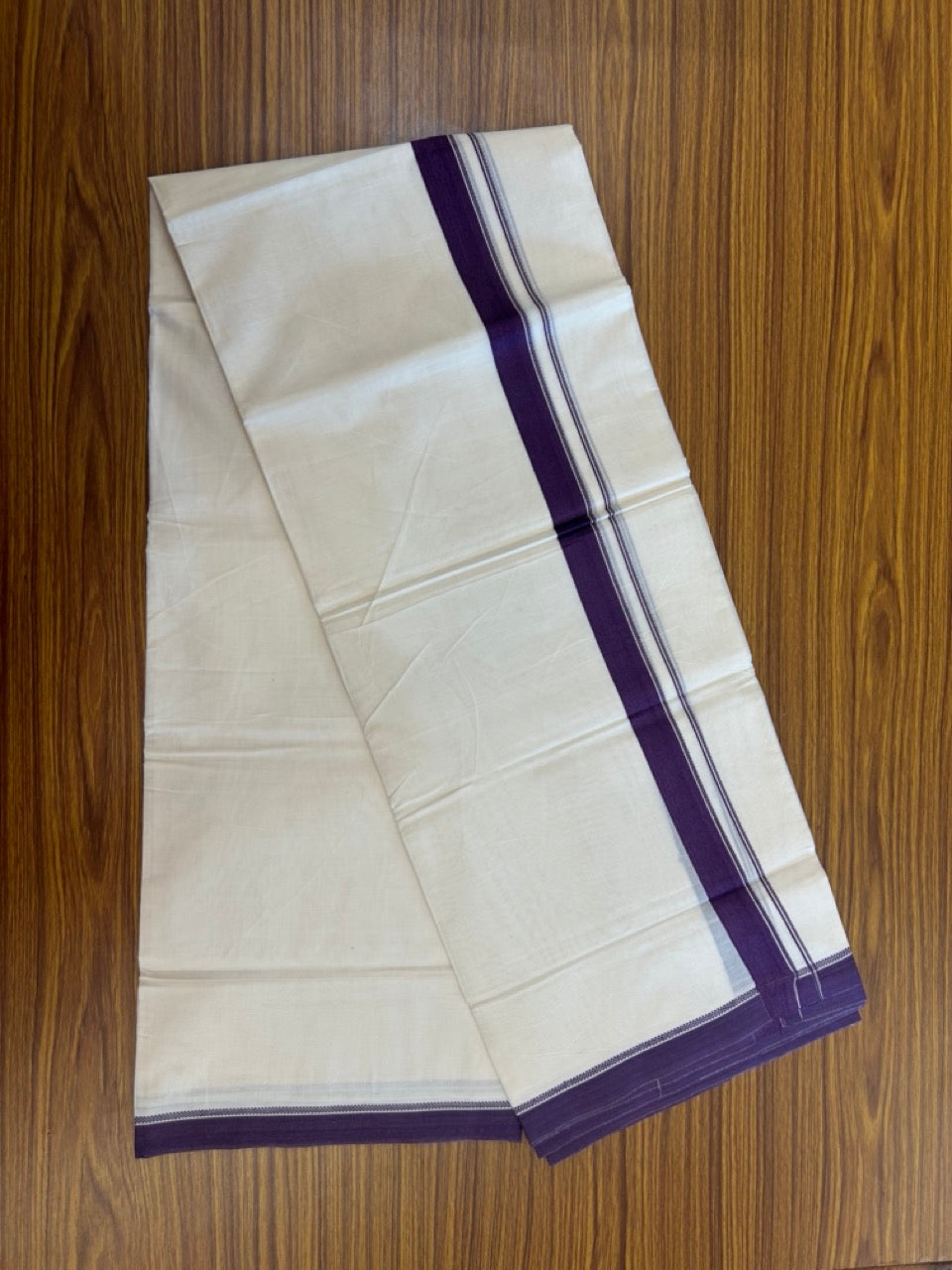 20% Discount ! KaithariKada Balaramapuram 100% Cotton Off White (Unbleached) Double Mundu/Dhoti - 80s - 1 inch Dark Purple Design kara 4 mtr (8.5 muzham) - 27 KK5302 MUT