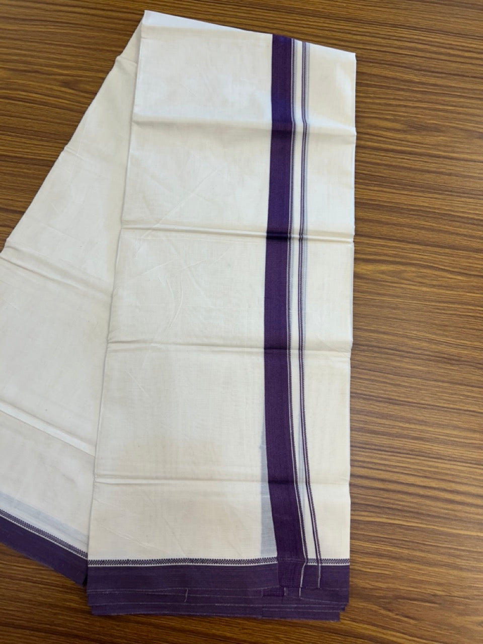 20% Discount ! KaithariKada Balaramapuram 100% Cotton Off White (Unbleached) Double Mundu/Dhoti - 80s - 1 inch Dark Purple Design kara 4 mtr (8.5 muzham) - 27 KK5302 MUT