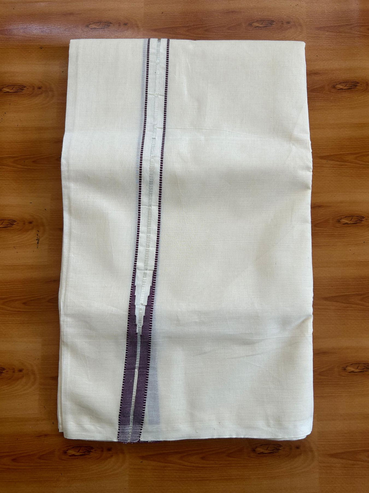 Double Off White (Unbleached) Mundu/Dhoti - 20% Discount!! KaithariKada Pulimood 100% Cotton 100X100 - 1 Inch Puliyilakkara Silver Kasav & Violet Striped Chutty Kara - 3.75 mtr (8 muzham) - 15 KK5545 ASH