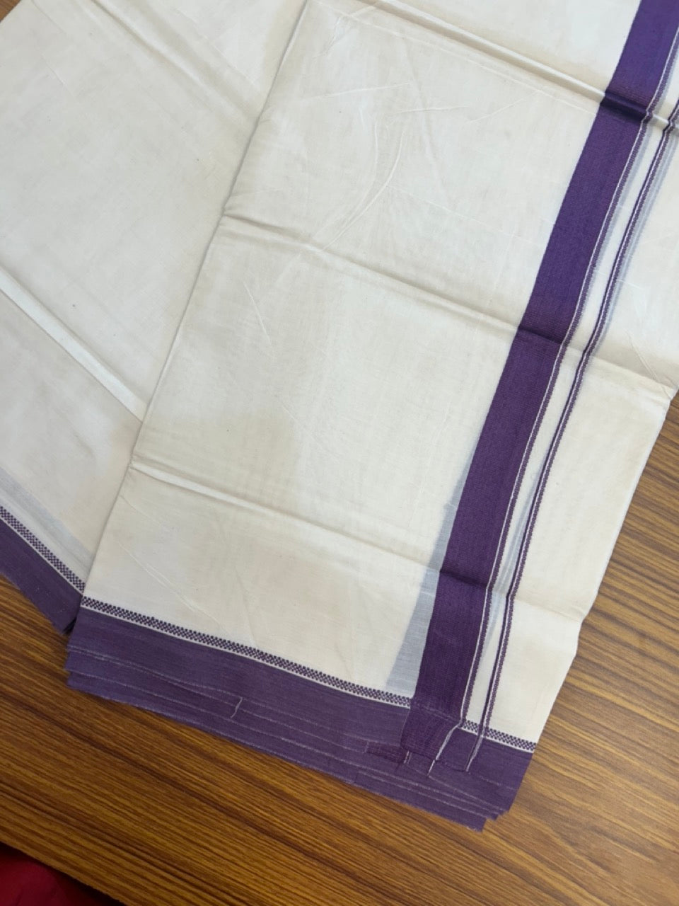 20% Discount ! KaithariKada Balaramapuram 100% Cotton Off White (Unbleached) Double Mundu/Dhoti - 80s - 1 inch Dark Purple Design kara 4 mtr (8.5 muzham) - 27 KK5302 MUT