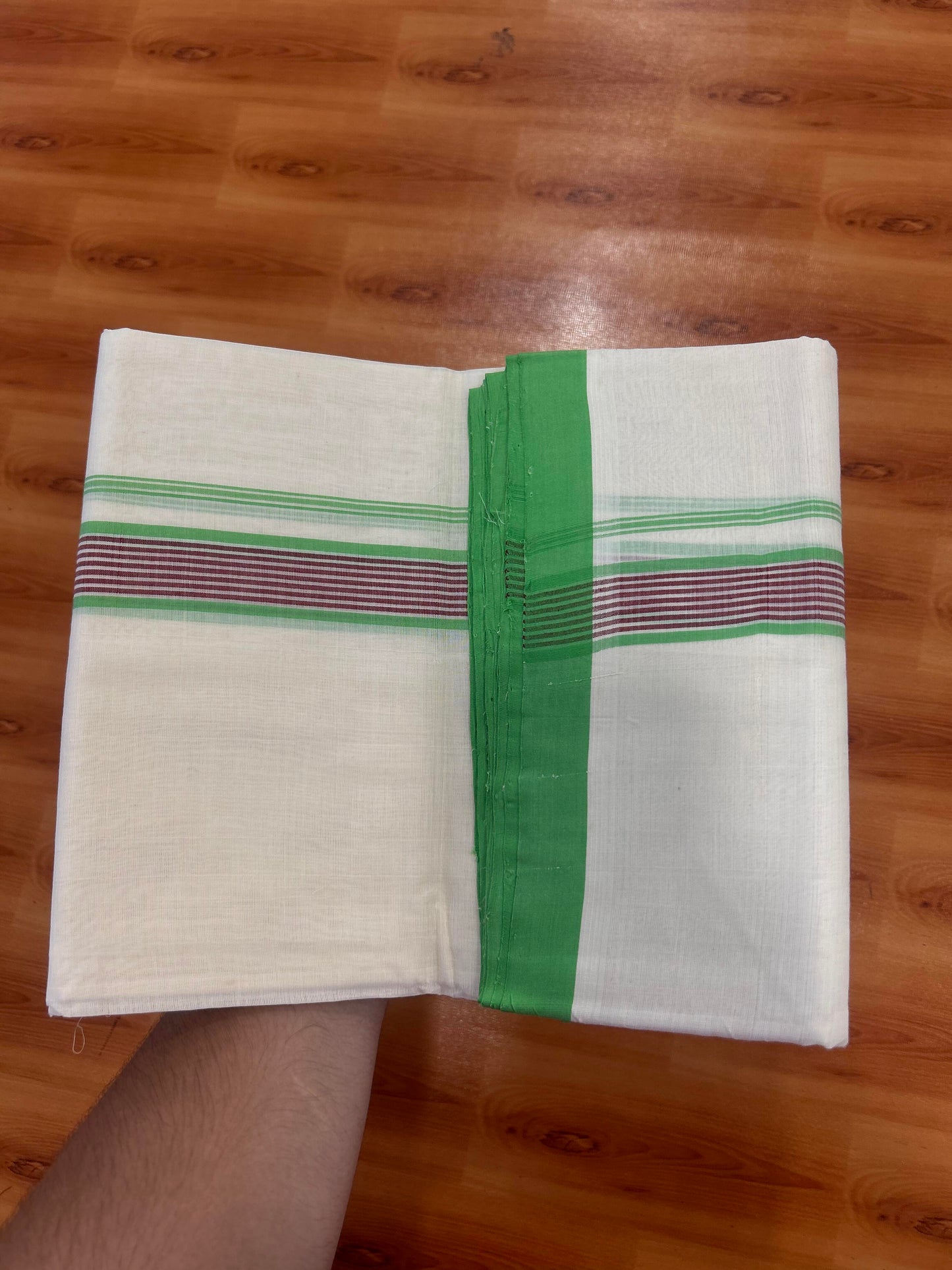 25% Discount! KaithariKada Handloom Unakkupaavu - Kerala Handloom - Cotton Double Mundu/Dhoti Off white (Unbleached) - 100x80 - 1.25 inch Light Green & Maroon Shaded Stripes Kara 3.80 meter (8 Muzham) - 2 KK5429 SOM