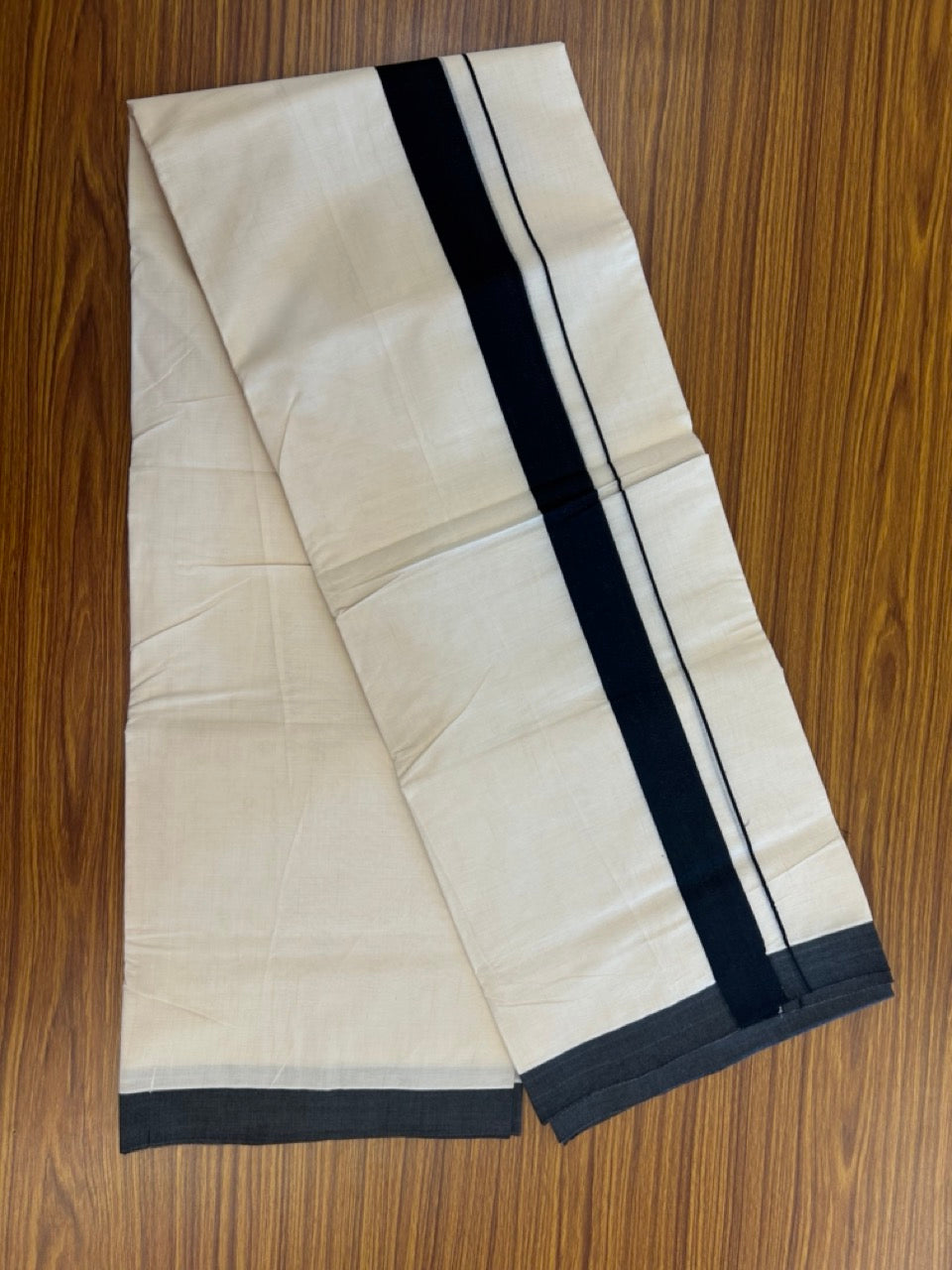 20% Discount ! KaithariKada Balaramapuram 100% Cotton Off White (Unbleached) Double Mundu/Dhoti - 80s - 1.5 inch Black kara 4 mtr (8.5 muzham) - 23 KK5302 MUT