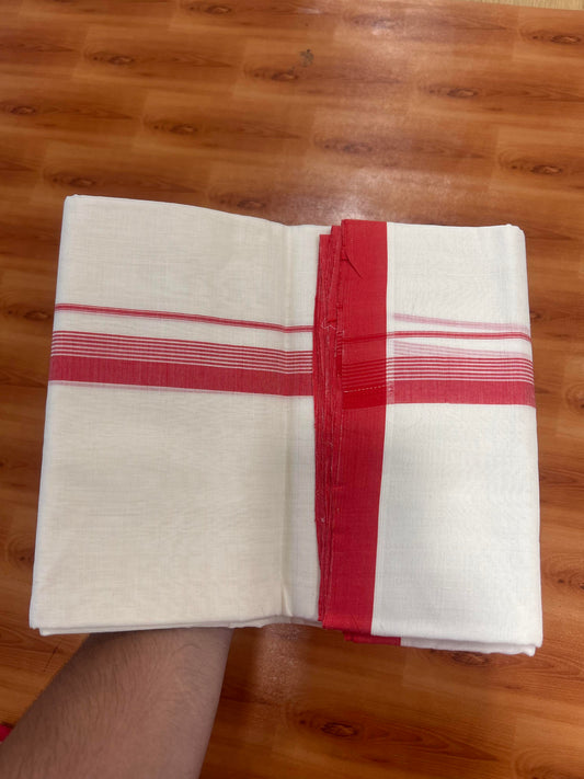 25% Discount! KaithariKada Handloom Unakkupaavu - Kerala Handloom - Cotton Double Mundu/Dhoti Off white (Unbleached) - 100x80 - 1 inch Red Shaded Stripes Kara 3.80 meter (8 Muzham) - 3 KK5429 SOM