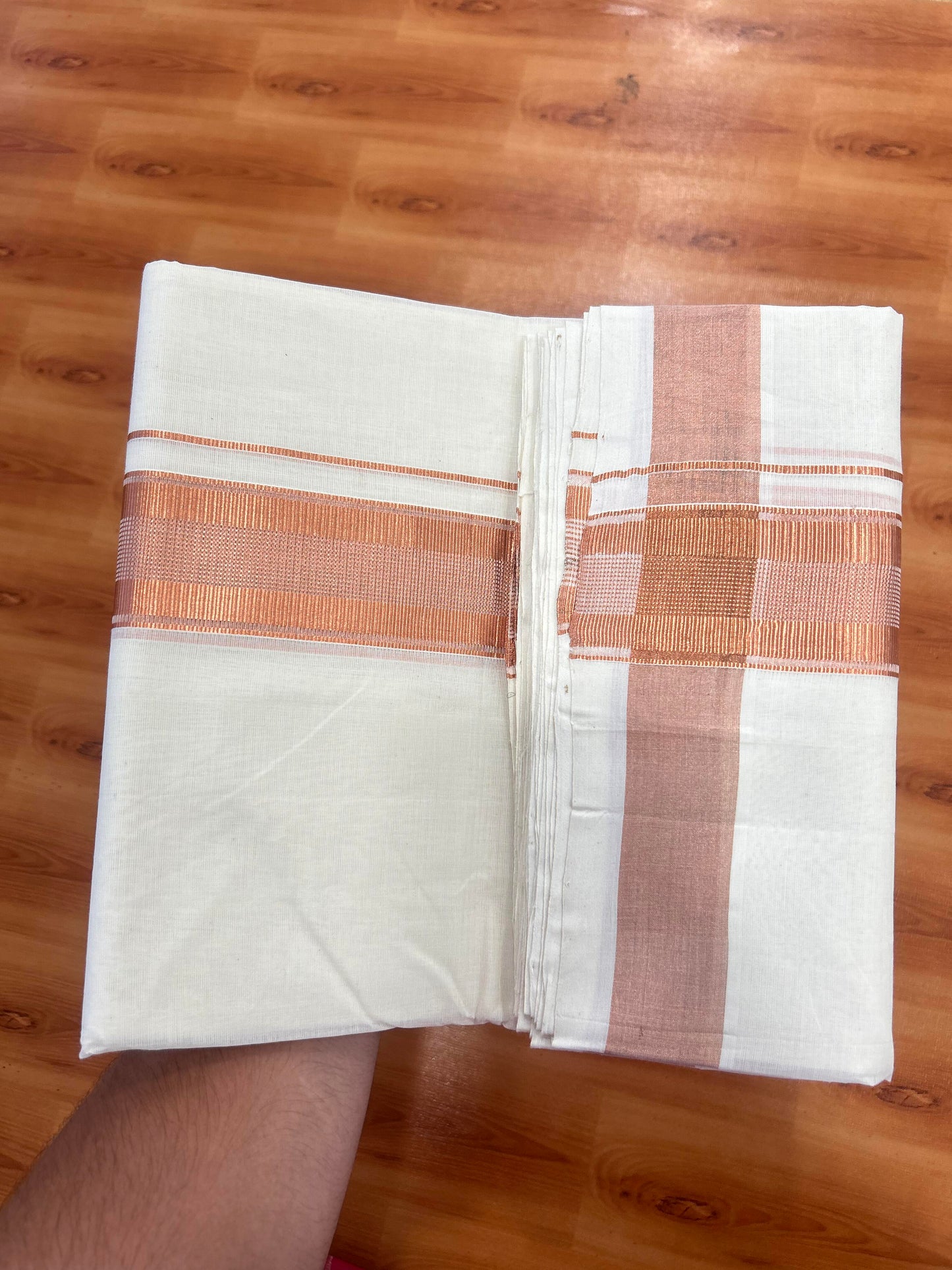 25% Discount ! KaithariKada Handloom Millpaav - Kerala Handloom - 100% Pure Cotton Off White (Unbleached) Double Mundu/Dothi - 80x90 - 2 inch Copper Kasav Stripes Kara 4 Mtr (8.5 Muzham) - 4 KK5429 RAM