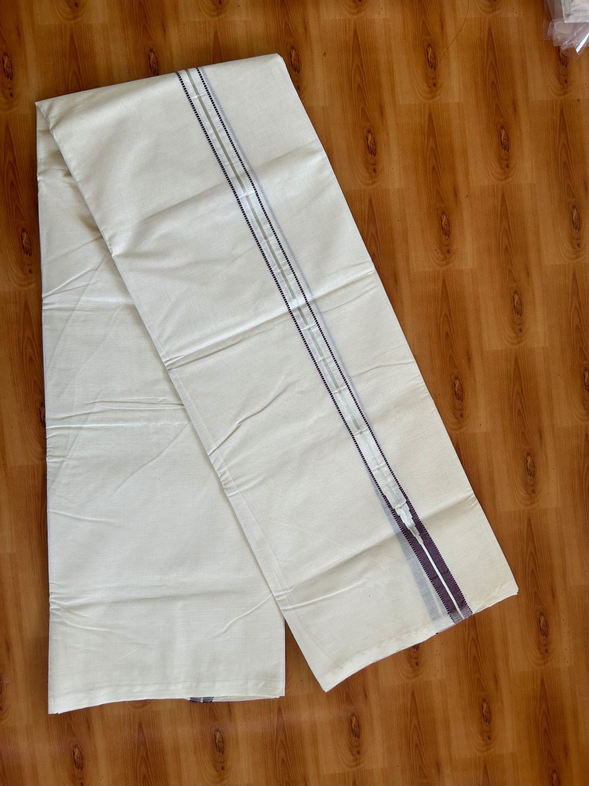 Double Off White (Unbleached) Mundu/Dhoti - 20% Discount!! KaithariKada Pulimood 100% Cotton 100X100 - 1 Inch Puliyilakkara Silver Kasav & Violet Striped Chutty Kara - 3.75 mtr (8 muzham) - 15 KK5545 ASH