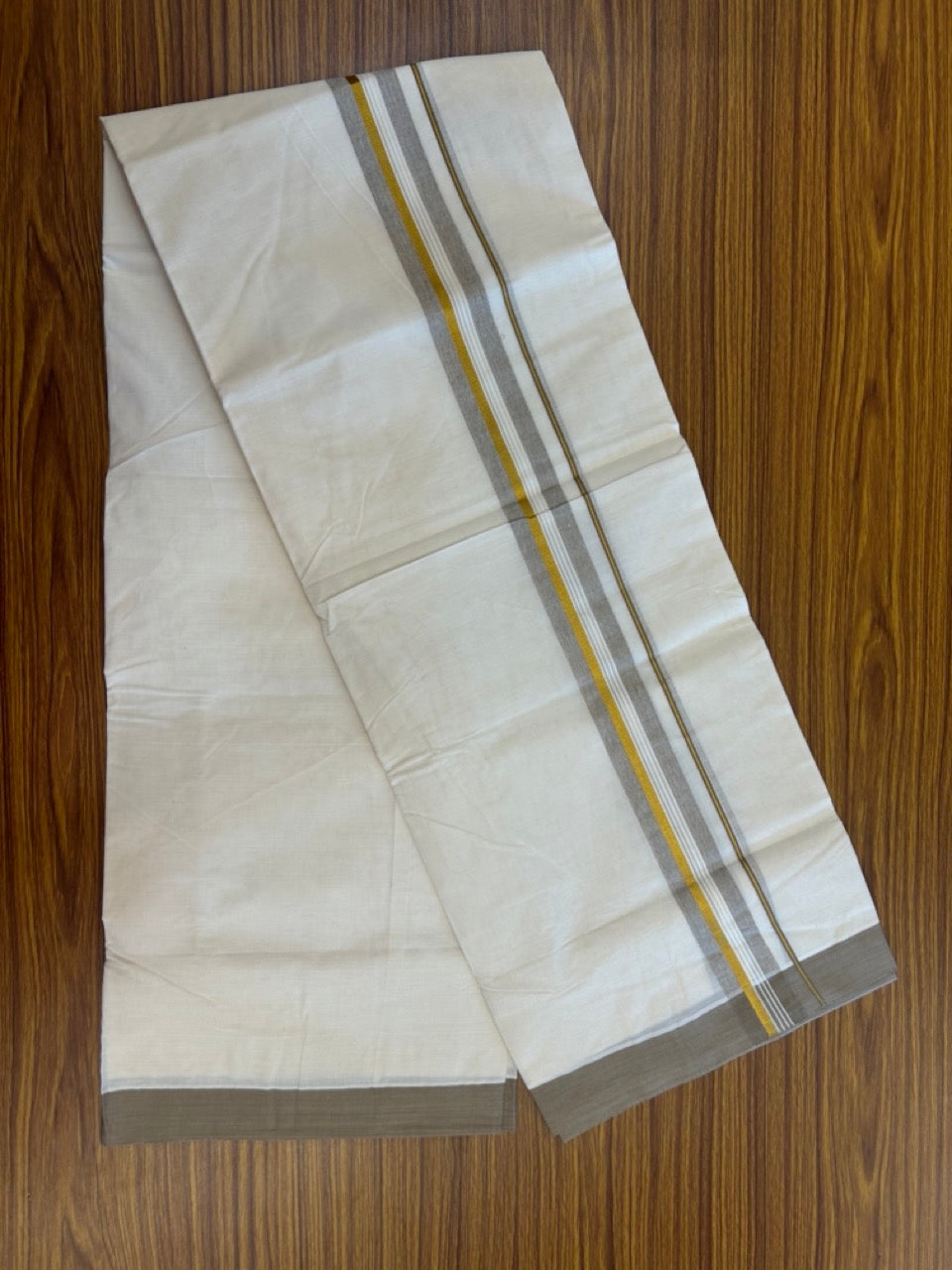 20% Discount ! KaithariKada Balaramapuram 100% Cotton Off White (Unbleached) Double Mundu/Dhoti - 80s - 1.5 inch Gold Kasav & Peanut Brown Shaded Striped kara 4 mtr (8.5 muzham) - 33 KK5302 MUT