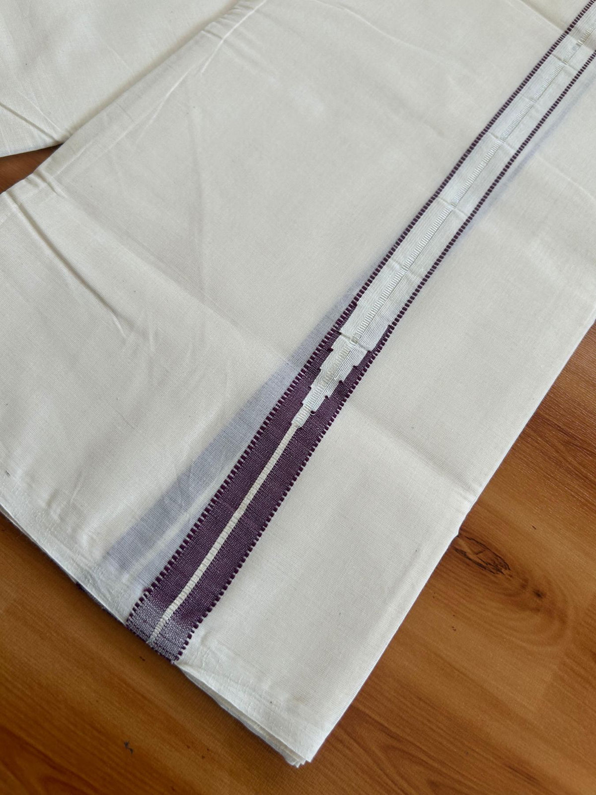 Double Off White (Unbleached) Mundu/Dhoti - 20% Discount!! KaithariKada Pulimood 100% Cotton 100X100 - 1 Inch Puliyilakkara Silver Kasav & Violet Striped Chutty Kara - 3.75 mtr (8 muzham) - 15 KK5545 ASH