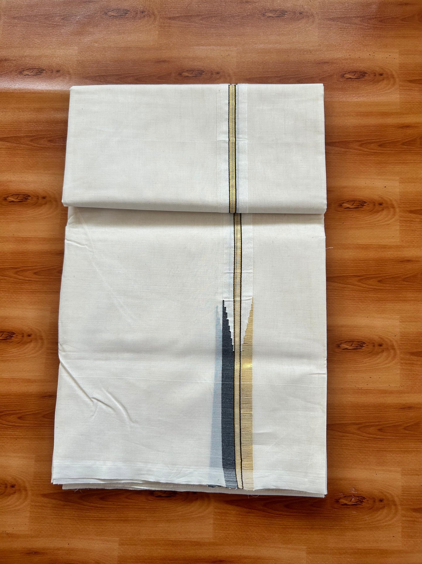 Mundu / Dhoti Off white Double - 20% Discount! KaithariKada 100% Cotton (Unbleached) Kerala - 100x100 - 1 inch Puliyilakkara Gold Kasav & Black Chutty Kara - 21 KK5477 ASH
