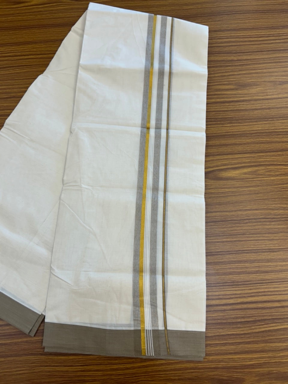 20% Discount ! KaithariKada Balaramapuram 100% Cotton Off White (Unbleached) Double Mundu/Dhoti - 80s - 1.5 inch Gold Kasav & Peanut Brown Shaded Striped kara 4 mtr (8.5 muzham) - 33 KK5302 MUT