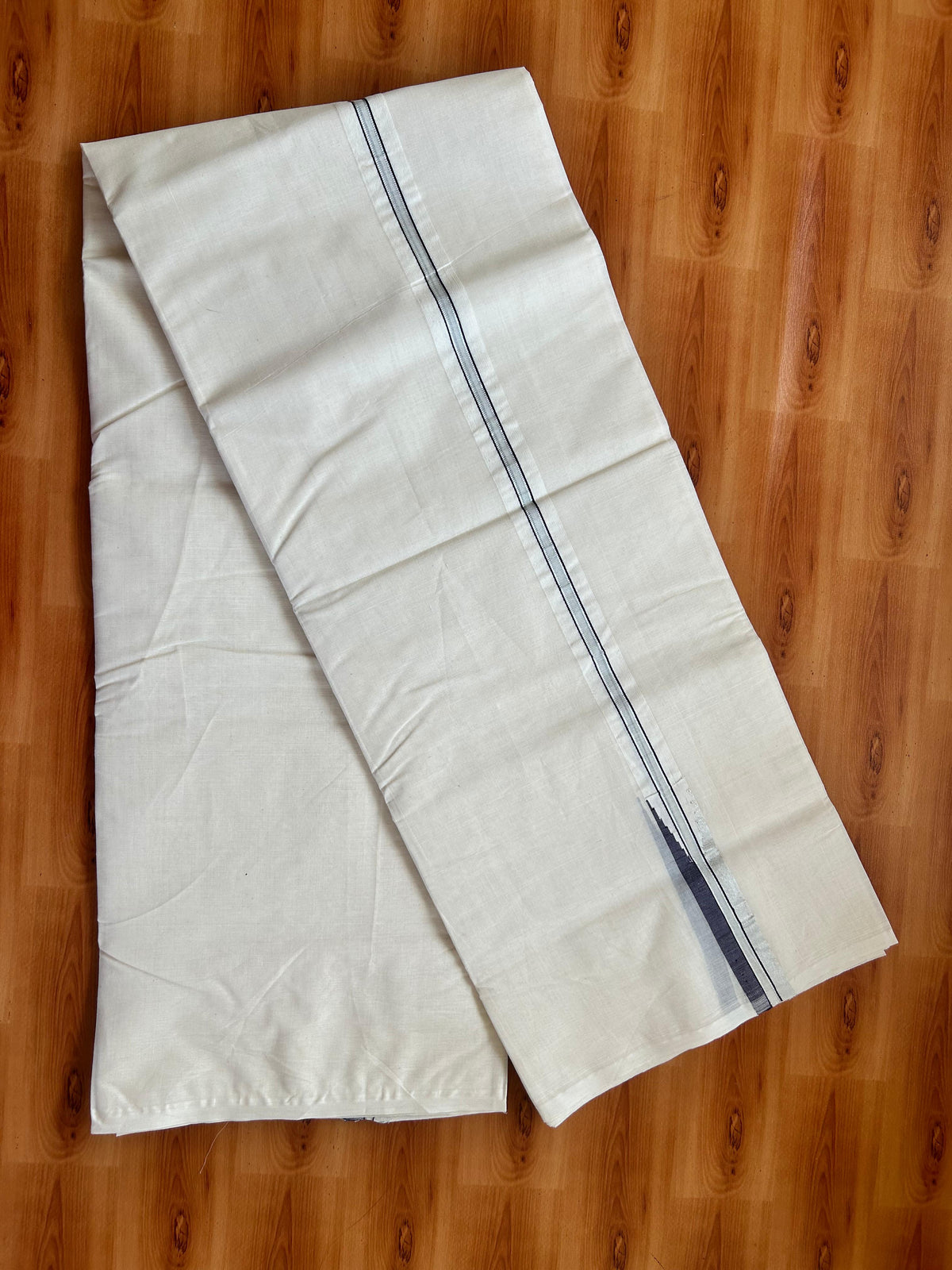 Double Off white Mundu/Dhoti - 20% Discount! KaithariKada - 100% Cotton  100x100 - 1 inch Puliyilakkara Silver Kasav & Dark Purple Chutty Kara - 4 mtr (8.5 muzham) -  14 KK5477 ASH
