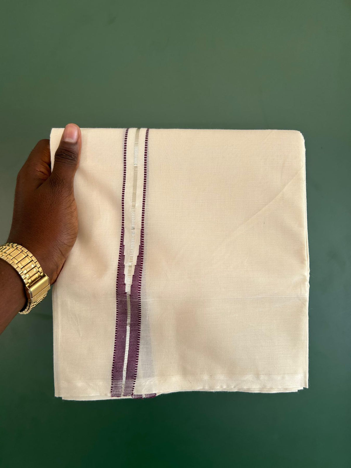 Double Off White (Unbleached) Mundu/Dhoti - 20% Discount!! KaithariKada Pulimood 100% Cotton 100X100 - 1 Inch Puliyilakkara Silver Kasav & Violet Striped Chutty Kara - 3.75 mtr (8 muzham) - 15 KK5545 ASH