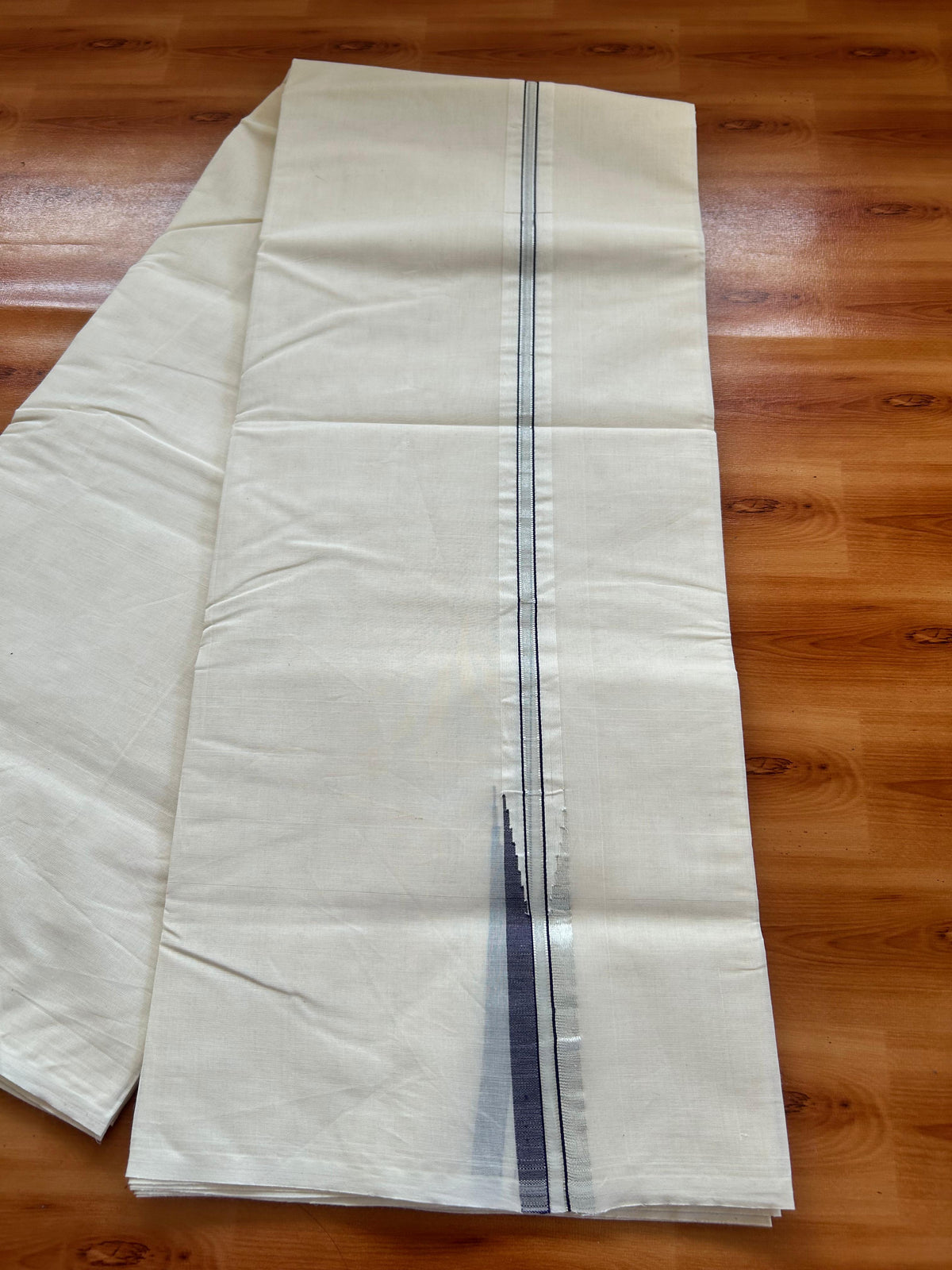 Double Off white Mundu/Dhoti - 20% Discount! KaithariKada - 100% Cotton  100x100 - 1 inch Puliyilakkara Silver Kasav & Dark Purple Chutty Kara - 4 mtr (8.5 muzham) -  14 KK5477 ASH
