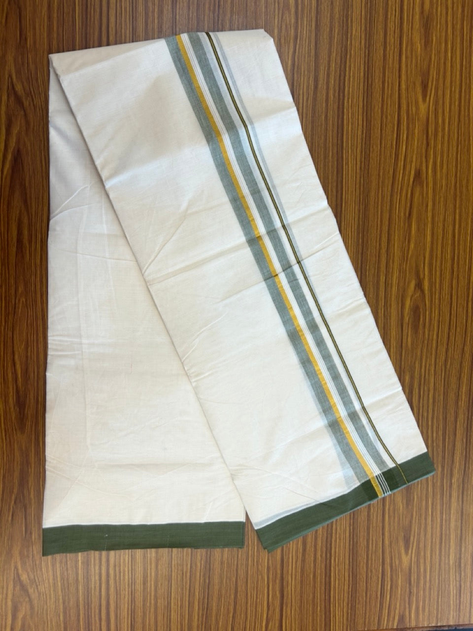 20% Discount ! KaithariKada Balaramapuram 100% Cotton Off White (Unbleached) Double Mundu/Dhoti - 80s - 1.5 inch Gold Kasav & Sage Green Shaded Striped kara 4 mtr (8.5 muzham) - 34 KK5302 MUT