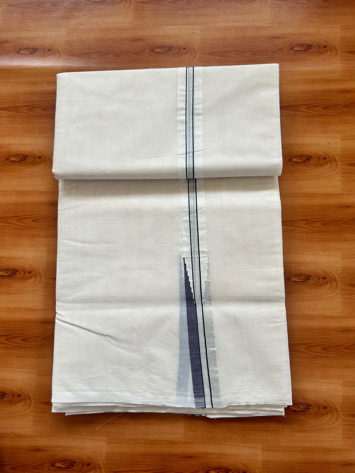 Double Off white Mundu/Dhoti - 20% Discount! KaithariKada - 100% Cotton  100x100 - 1 inch Puliyilakkara Silver Kasav & Dark Purple Chutty Kara - 4 mtr (8.5 muzham) -  14 KK5477 ASH