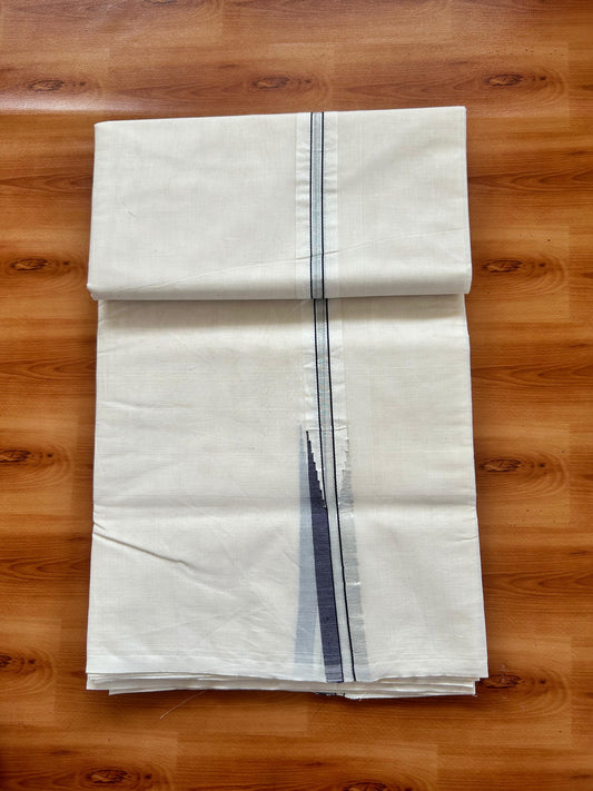 Double Off white Mundu/Dhoti - 20% Discount! KaithariKada - 100% Cotton  100x100 - 1 inch Puliyilakkara Silver Kasav & Dark Purple Chutty Kara - 4 mtr (8.5 muzham) -  14 KK5477 ASH
