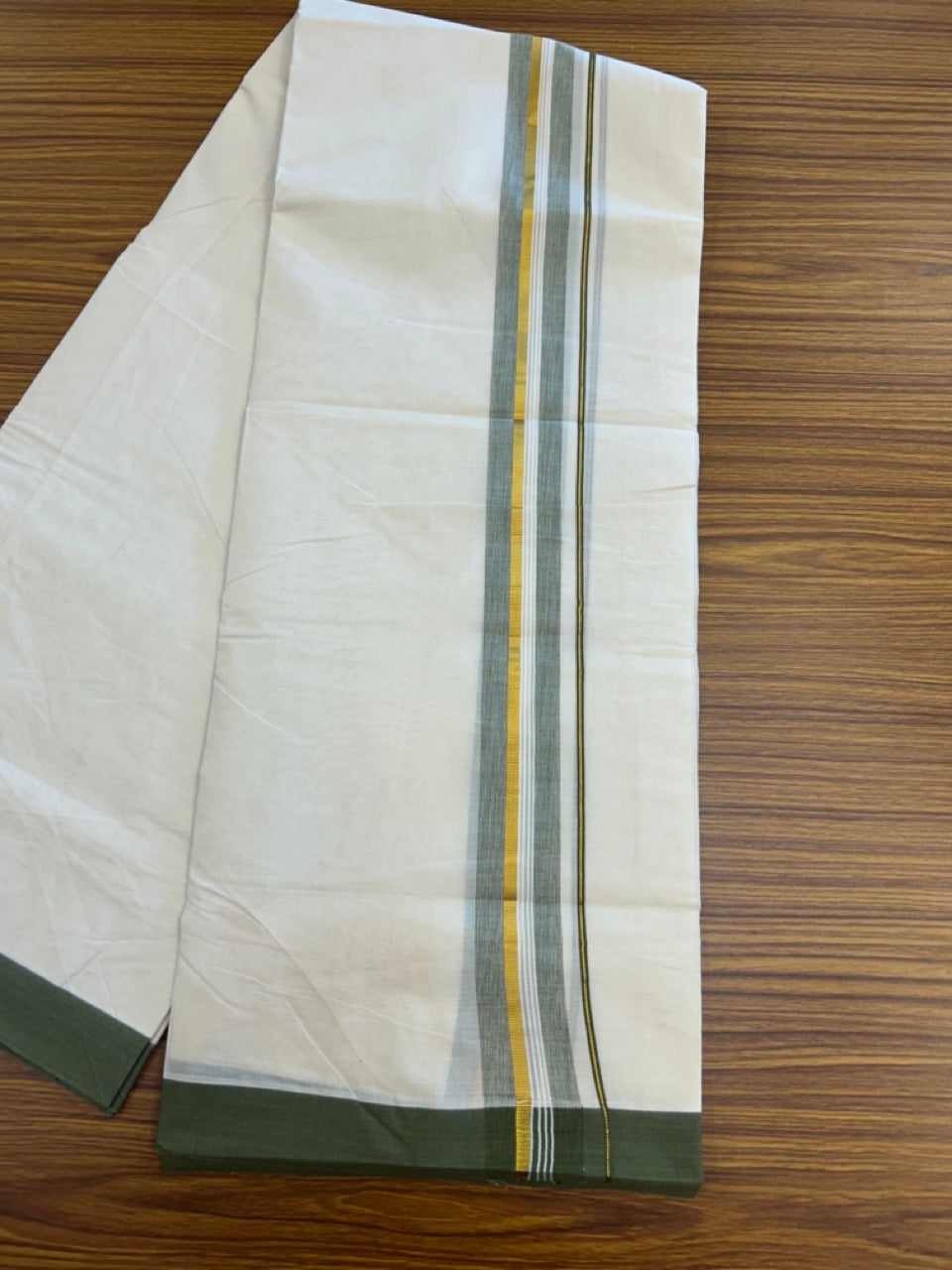 20% Discount ! KaithariKada Balaramapuram 100% Cotton Off White (Unbleached) Double Mundu/Dhoti - 80s - 1.5 inch Gold Kasav & Sage Green Shaded Striped kara 4 mtr (8.5 muzham) - 34 KK5302 MUT