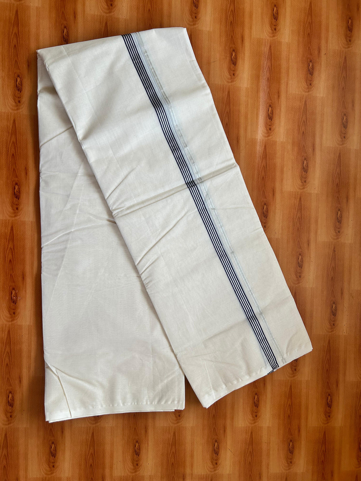 Double Off white Mundu/Dhoti - 20% Discount! KaithariKada - 100% Cotton  100x100 - 0.5 inch Silver Kasav & Navy Blue Striped Kara - 3.80 mtr (8 muzham) -  17 KK5477 ASH