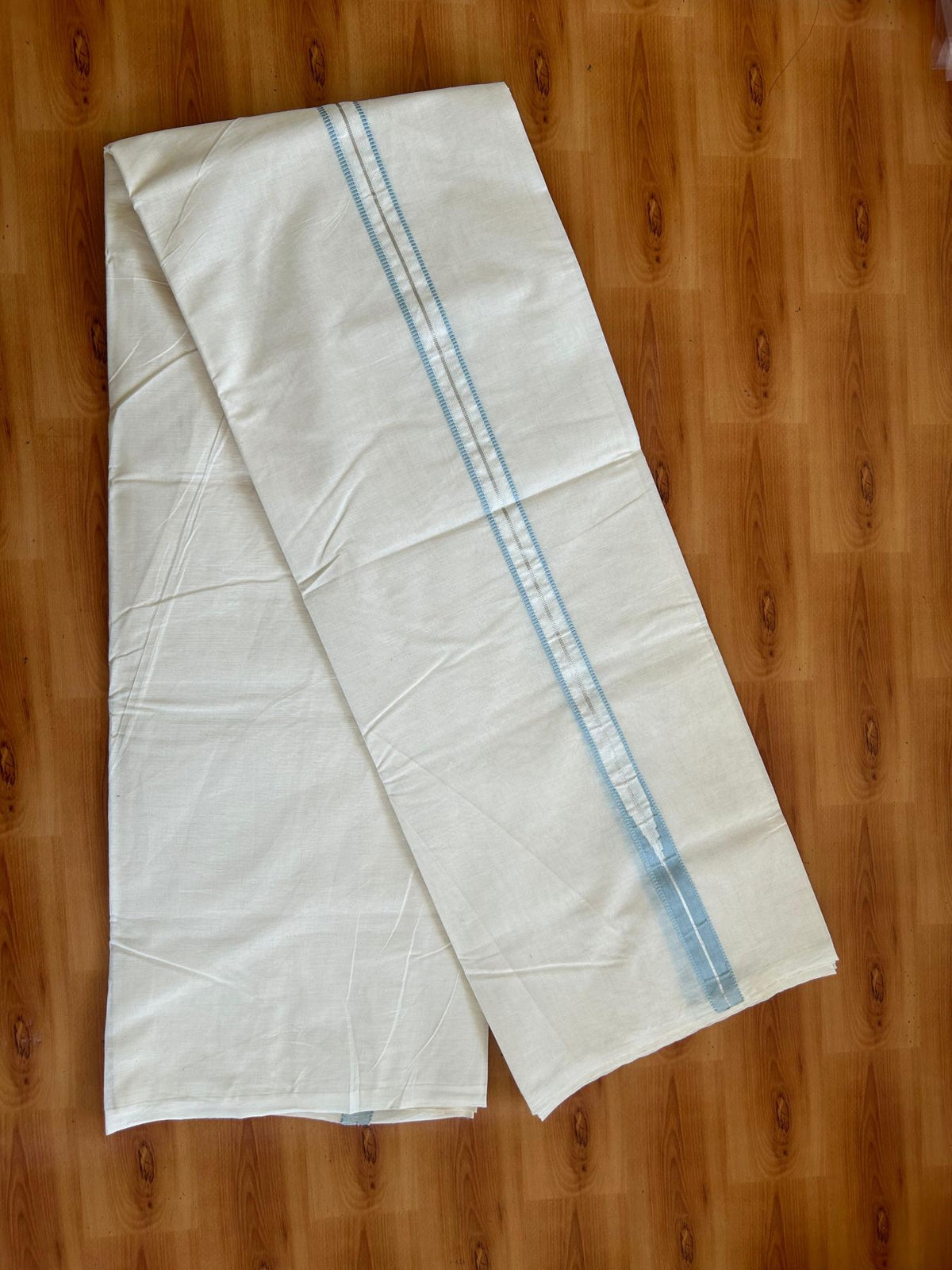 Double Off White (Unbleached) Mundu/Dhoti - 20% Discount!! KaithariKada Pulimood 100% Cotton 100X100 - 1 Inch Puliyilakkara Silver Kasav & Light Blue Striped Chutty Kara - 3.75 mtr (8 muzham) - 14 KK5545 ASH