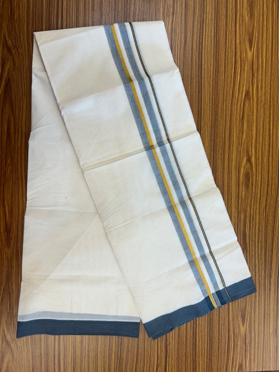 20% Discount ! KaithariKada Balaramapuram 100% Cotton Off White (Unbleached) Double Mundu/Dhoti - 80s - 1.5 inch Gold Kasav & Ash Grey Shaded Striped kara 4 mtr (8.5 muzham) - 35 KK5302 MUT