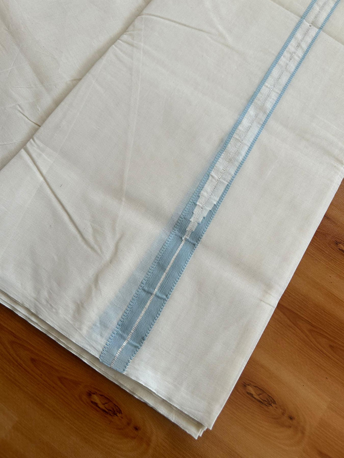 Double Off White (Unbleached) Mundu/Dhoti - 20% Discount!! KaithariKada Pulimood 100% Cotton 100X100 - 1 Inch Puliyilakkara Silver Kasav & Light Blue Striped Chutty Kara - 3.75 mtr (8 muzham) - 14 KK5545 ASH