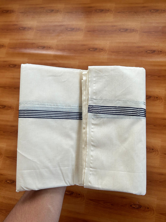 Double Off white Mundu/Dhoti - 20% Discount! KaithariKada - 100% Cotton  100x100 - 0.5 inch Silver Kasav & Navy Blue Striped Kara - 3.80 mtr (8 muzham) -  17 KK5477 ASH