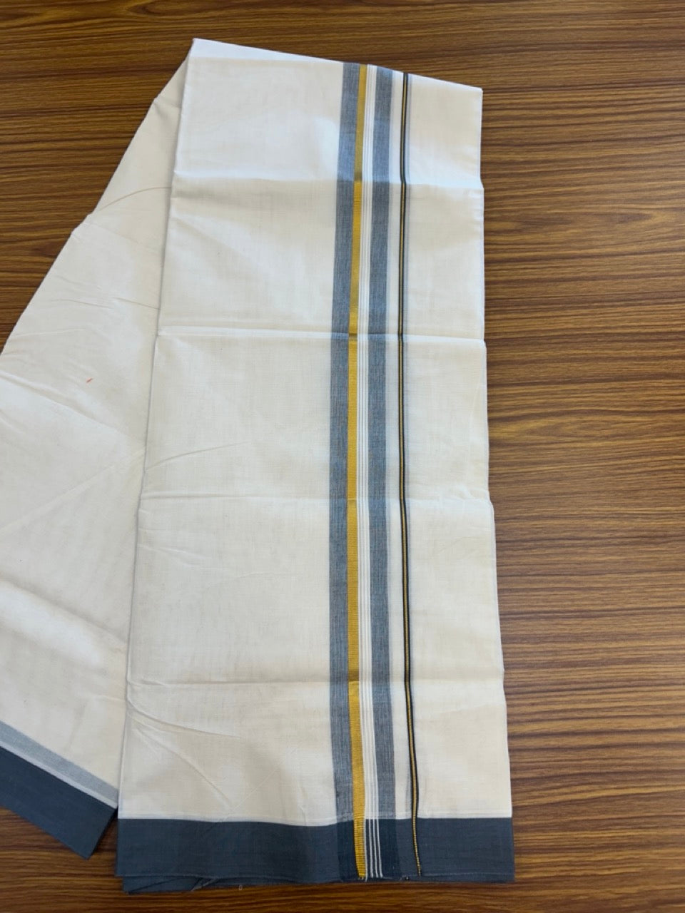 20% Discount ! KaithariKada Balaramapuram 100% Cotton Off White (Unbleached) Double Mundu/Dhoti - 80s - 1.5 inch Gold Kasav & Ash Grey Shaded Striped kara 4 mtr (8.5 muzham) - 35 KK5302 MUT