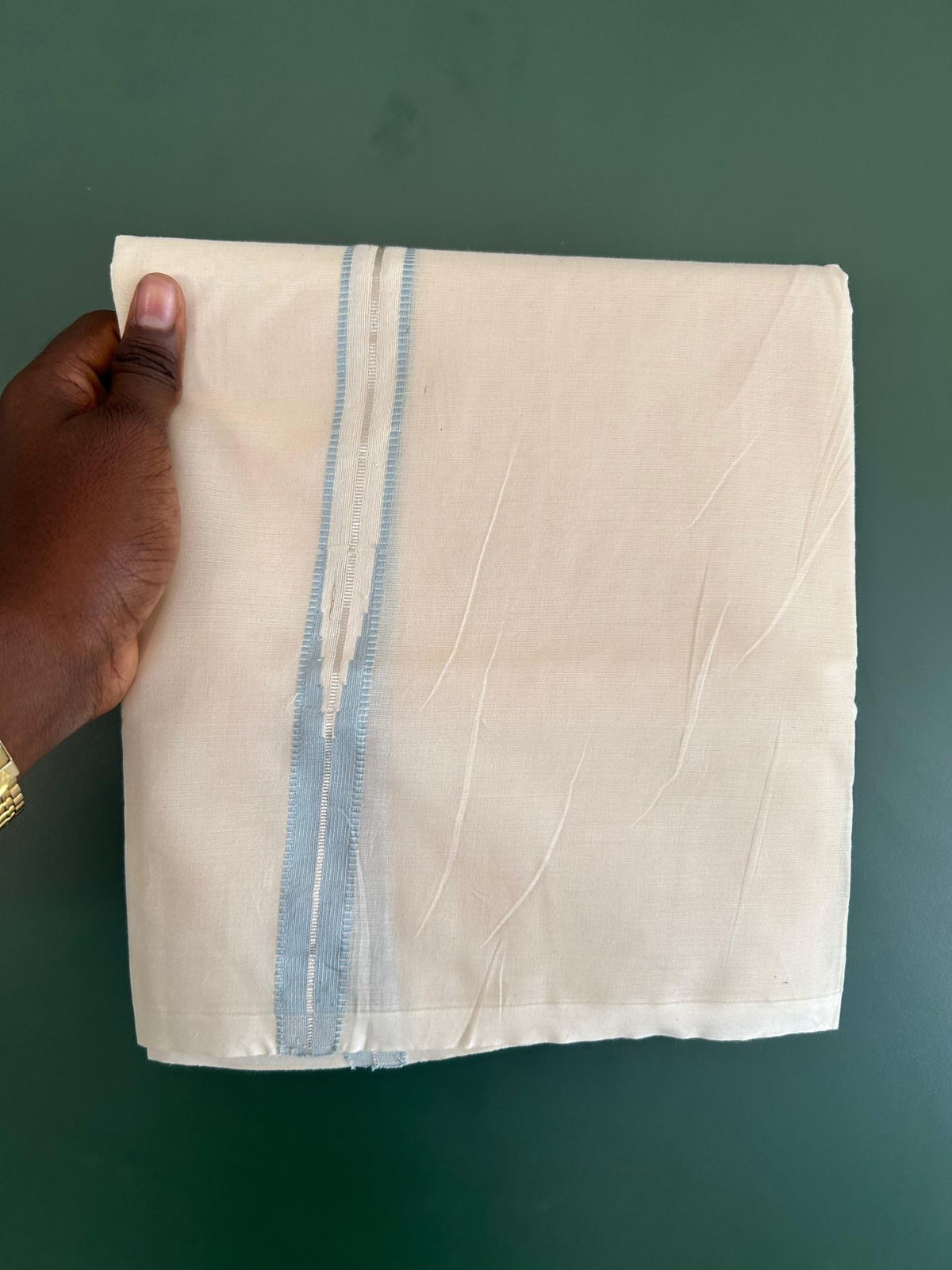Double Off White (Unbleached) Mundu/Dhoti - 20% Discount!! KaithariKada Pulimood 100% Cotton 100X100 - 1 Inch Puliyilakkara Silver Kasav & Light Blue Striped Chutty Kara - 3.75 mtr (8 muzham) - 14 KK5545 ASH