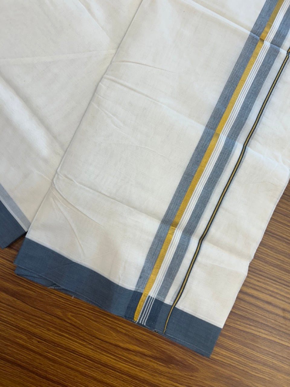 20% Discount ! KaithariKada Balaramapuram 100% Cotton Off White (Unbleached) Double Mundu/Dhoti - 80s - 1.5 inch Gold Kasav & Ash Grey Shaded Striped kara 4 mtr (8.5 muzham) - 35 KK5302 MUT