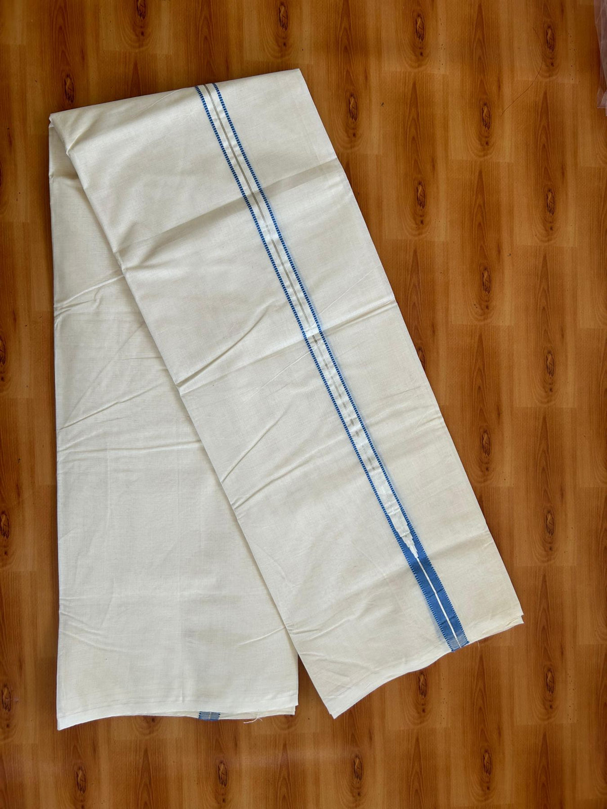 Double Off White (Unbleached) Mundu/Dhoti - 20% Discount!! KaithariKada Pulimood 100% Cotton 100X100 - 1 Inch Puliyilakkara Silver Kasav & Blue Striped Chutty Kara - 3.75 mtr (8 muzham) - 13 KK5545 ASH
