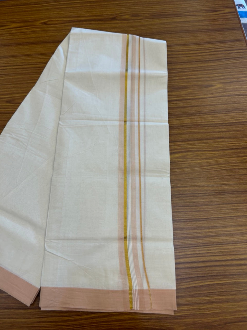 20% Discount ! KaithariKada Balaramapuram 100% Cotton Off White (Unbleached) Double Mundu/Dhoti - 80s - 1.5 inch Gold Kasav & Sand Brown Striped kara 4 mtr (8.5 muzham) - 32 KK5302 MUT