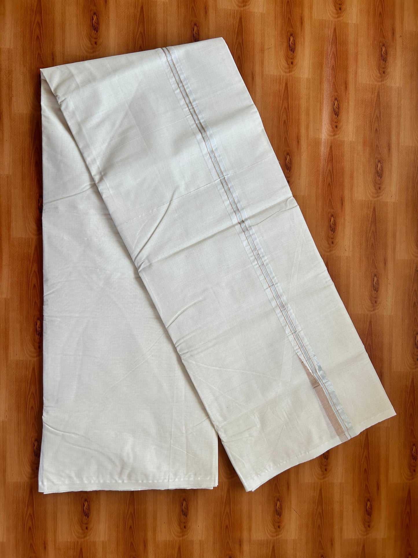 Double Off white Mundu/Dhoti - 20% Discount! KaithariKada - 100% Cotton  100x100 - 1 inch Puliyilakkara Silver Kasav & Cream Chutty Kara - 4 mtr (8.5 muzham) -  15 KK5477 ASH
