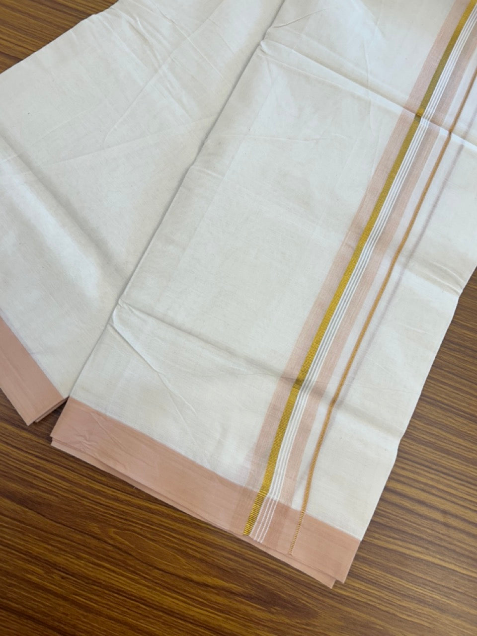 20% Discount ! KaithariKada Balaramapuram 100% Cotton Off White (Unbleached) Double Mundu/Dhoti - 80s - 1.5 inch Gold Kasav & Sand Brown Striped kara 4 mtr (8.5 muzham) - 32 KK5302 MUT