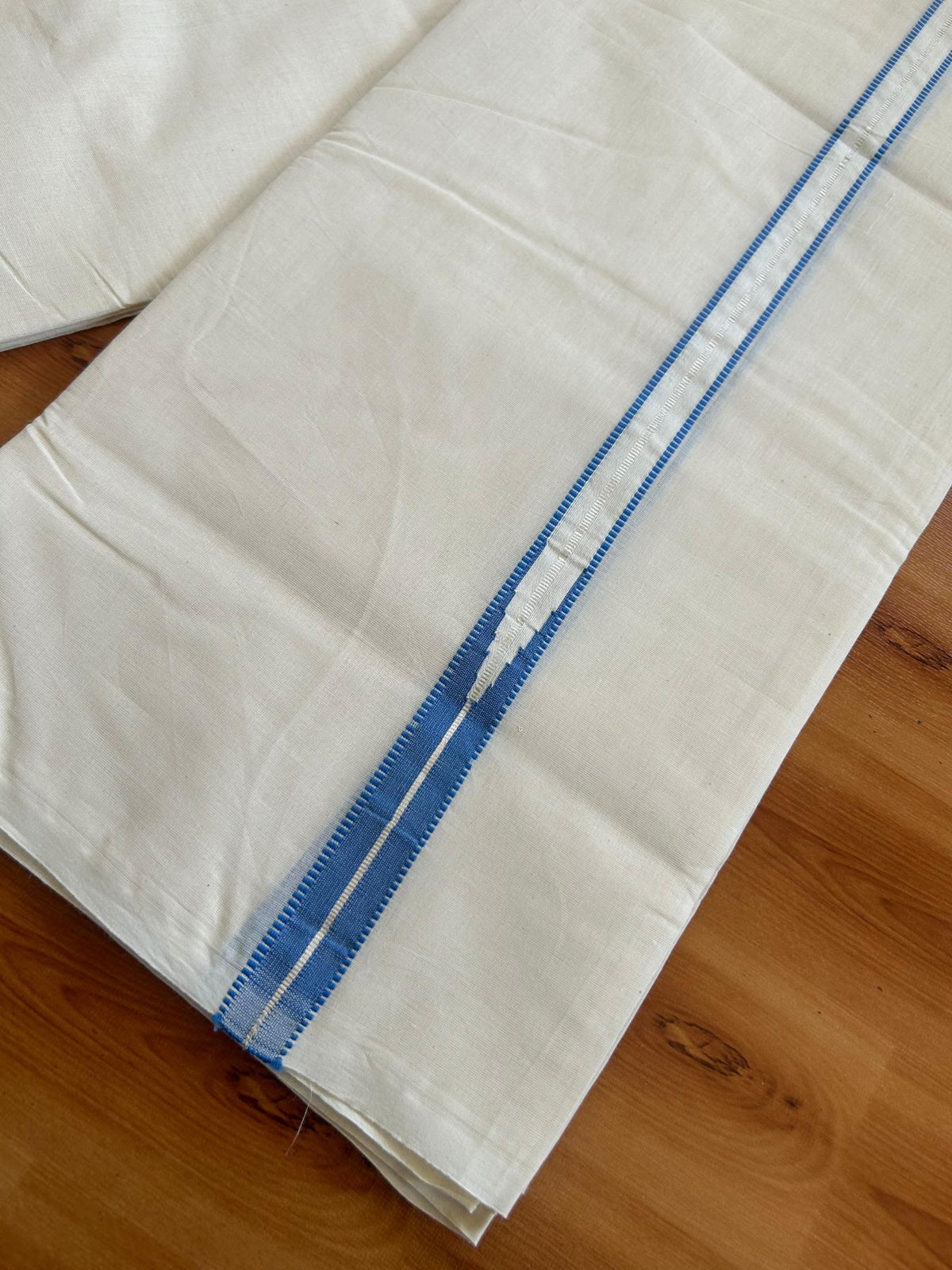 Double Off White (Unbleached) Mundu/Dhoti - 20% Discount!! KaithariKada Pulimood 100% Cotton 100X100 - 1 Inch Puliyilakkara Silver Kasav & Blue Striped Chutty Kara - 3.75 mtr (8 muzham) - 13 KK5545 ASH