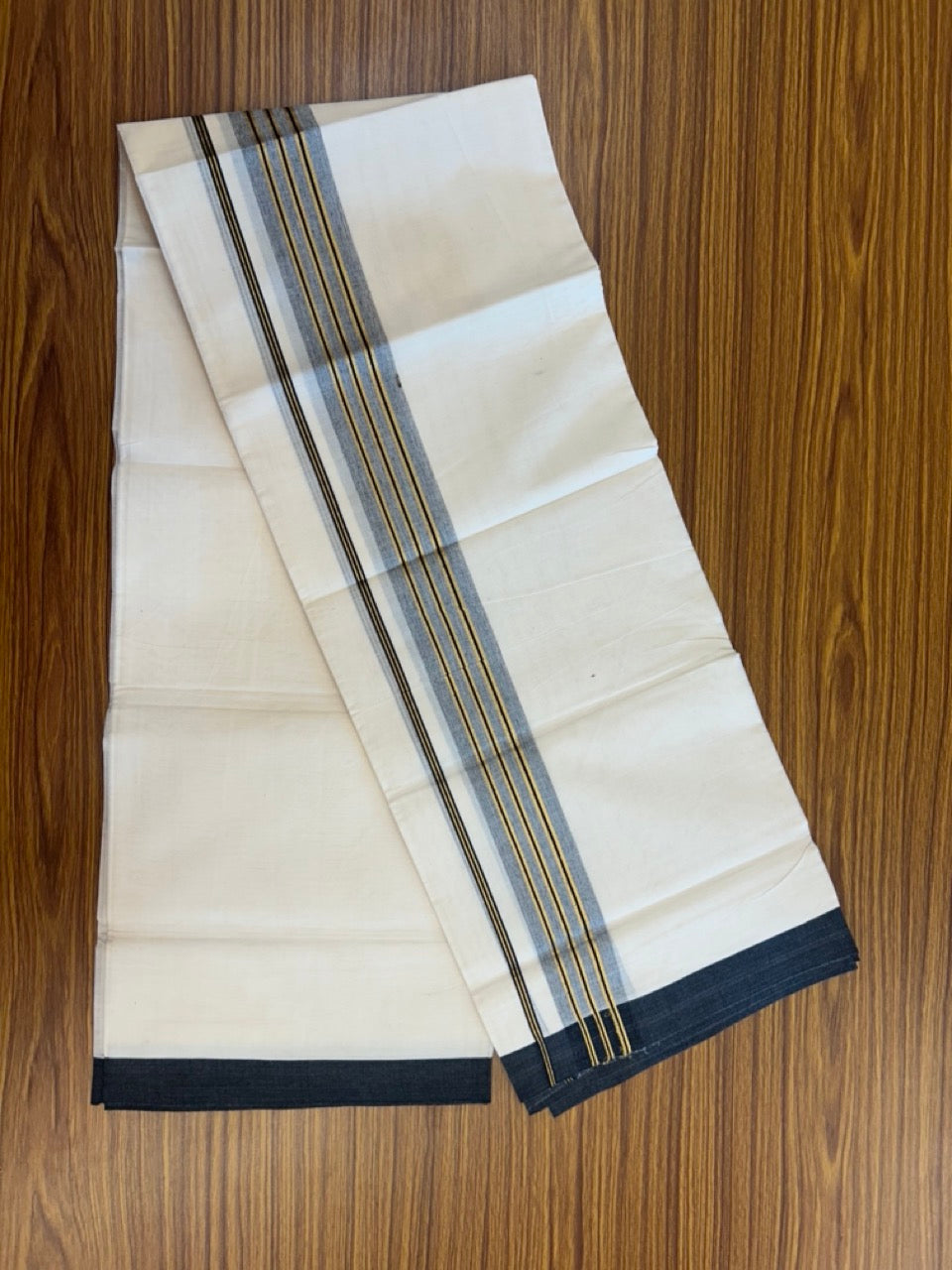 20% Discount ! KaithariKada Balaramapuram 100% Cotton Off White (Unbleached) Double Mundu/Dhoti - 80s - 2 inch Gold Kasav & Black Shades Stripes kara 4 mtr (8.5 muzham) - 12 KK5302 MUT
