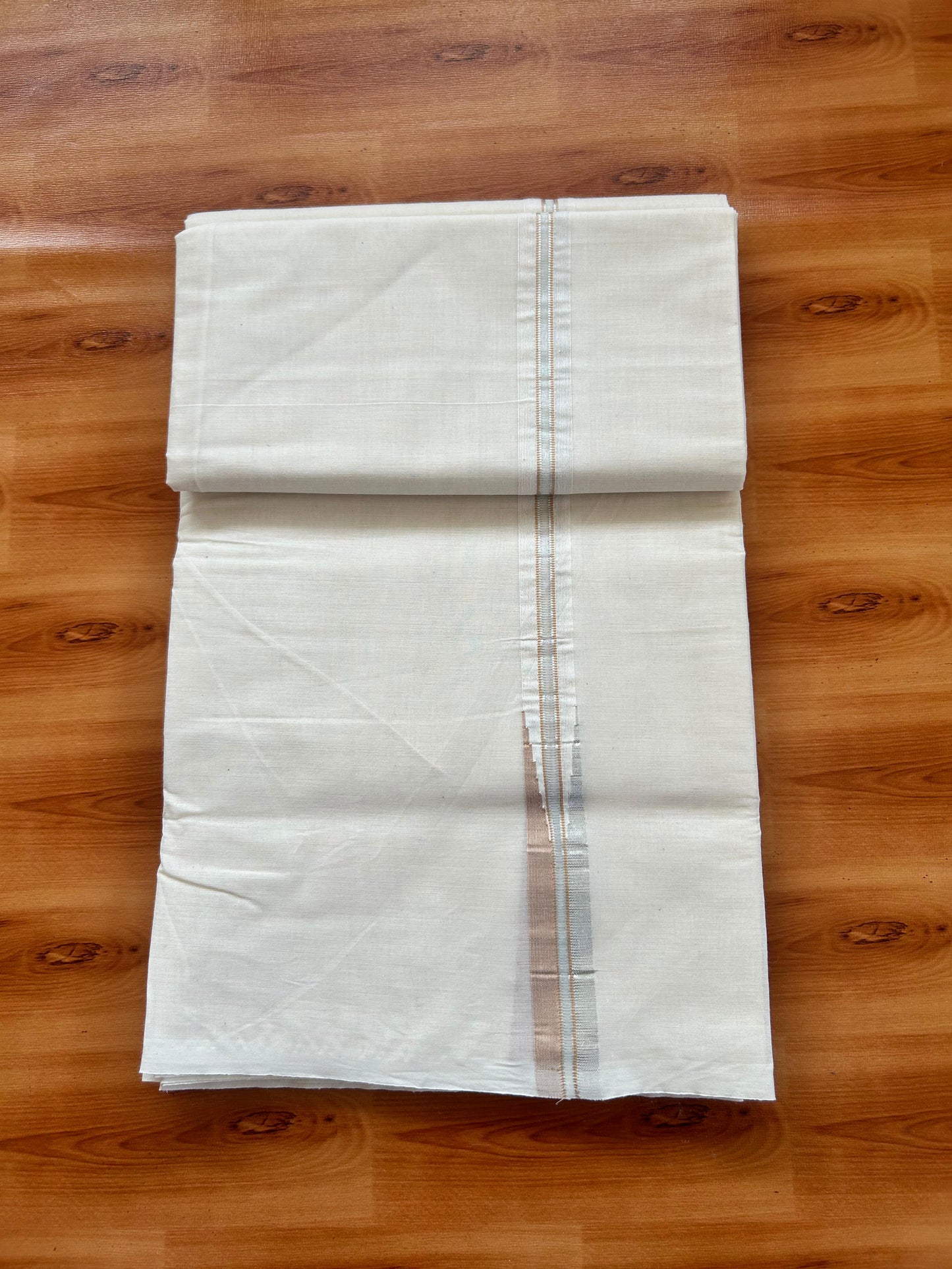 Double Off white Mundu/Dhoti - 20% Discount! KaithariKada - 100% Cotton  100x100 - 1 inch Puliyilakkara Silver Kasav & Cream Chutty Kara - 4 mtr (8.5 muzham) -  15 KK5477 ASH